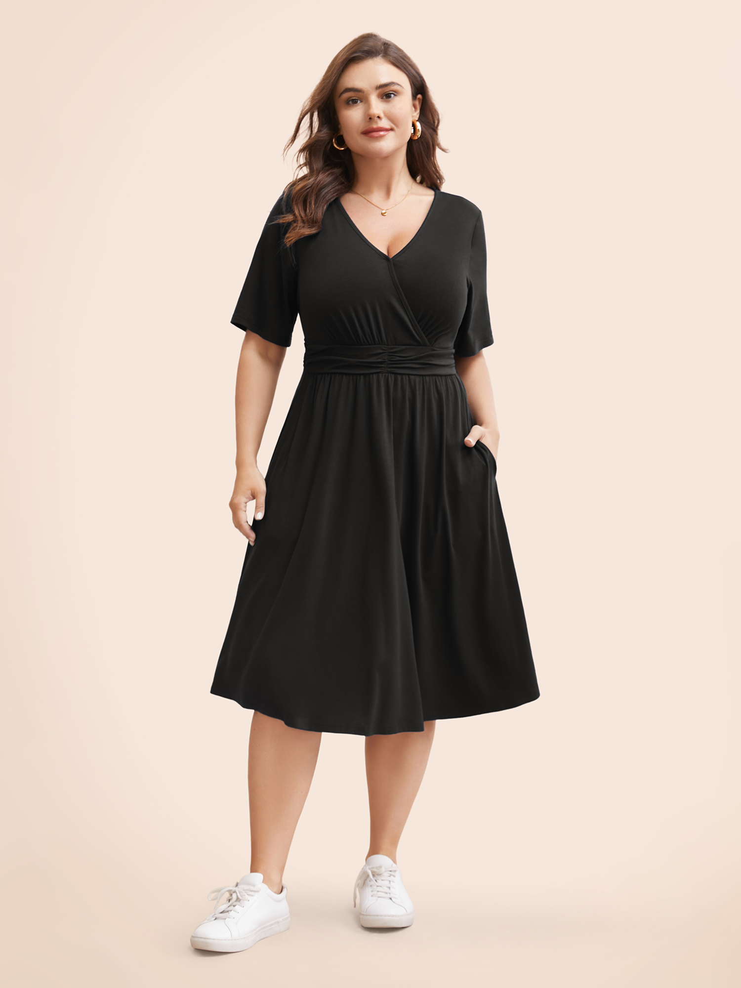 

Plus Size Supersoft Essentials Solid Surplice Neck Ruched Front Dress Black Women Casual Wrap V-neck Short sleeve Curvy Midi Dress BloomChic