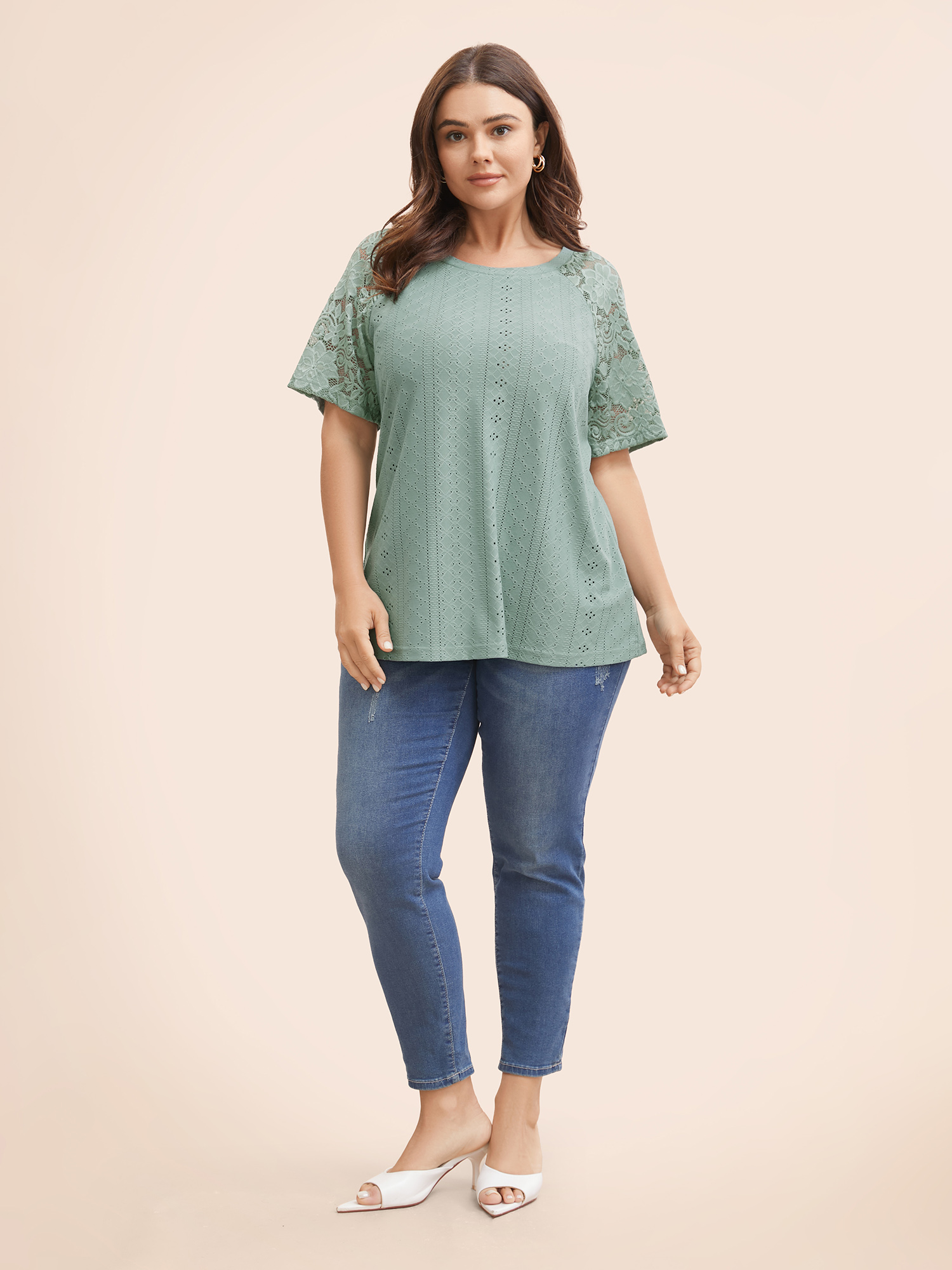 

Plus Size Solid Broderie Anglaise Lace Raglan Sleeve T-shirt Sage Women Elegant See through Plain Round Neck Everyday T-shirts BloomChic