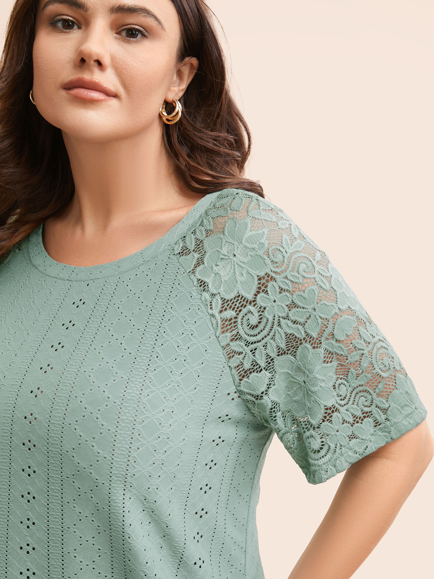 

Plus Size Solid Broderie Anglaise Lace Raglan Sleeve T-shirt Sage Women Elegant See through Plain Round Neck Everyday T-shirts BloomChic