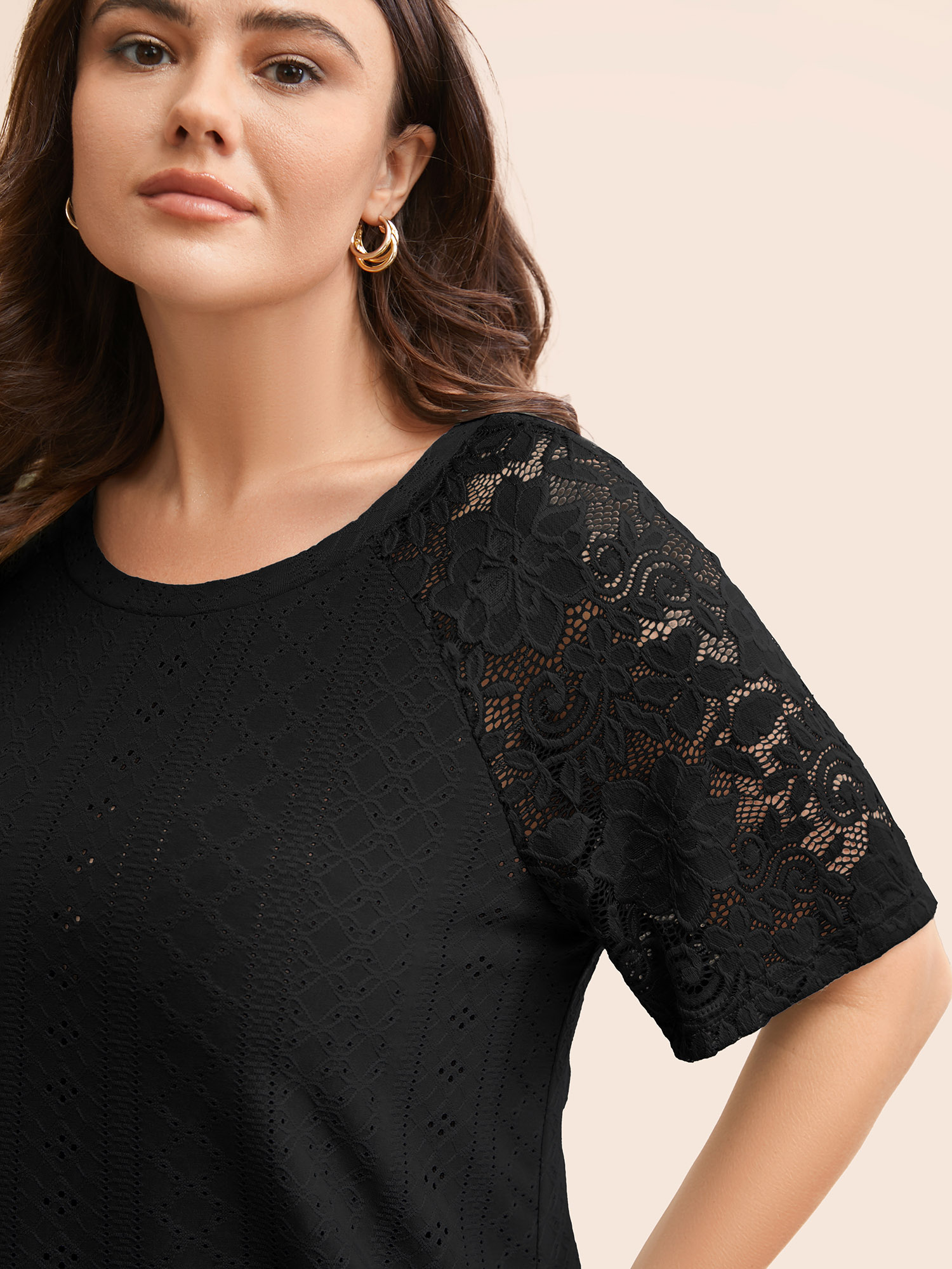 

Plus Size Solid Broderie Anglaise Lace Raglan Sleeve T-shirt Black Women Elegant See through Plain Round Neck Everyday T-shirts BloomChic