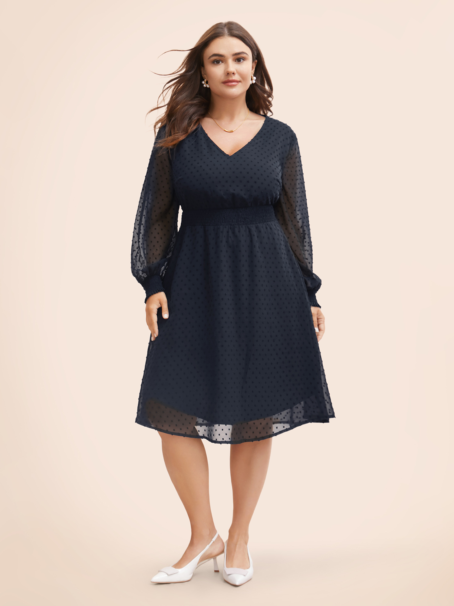 

Plus Size Polka Dot Pocket Mesh Shirred Dress DarkBlue Women Elegant Elastic cuffs V-neck Long Sleeve Curvy Midi Dress BloomChic