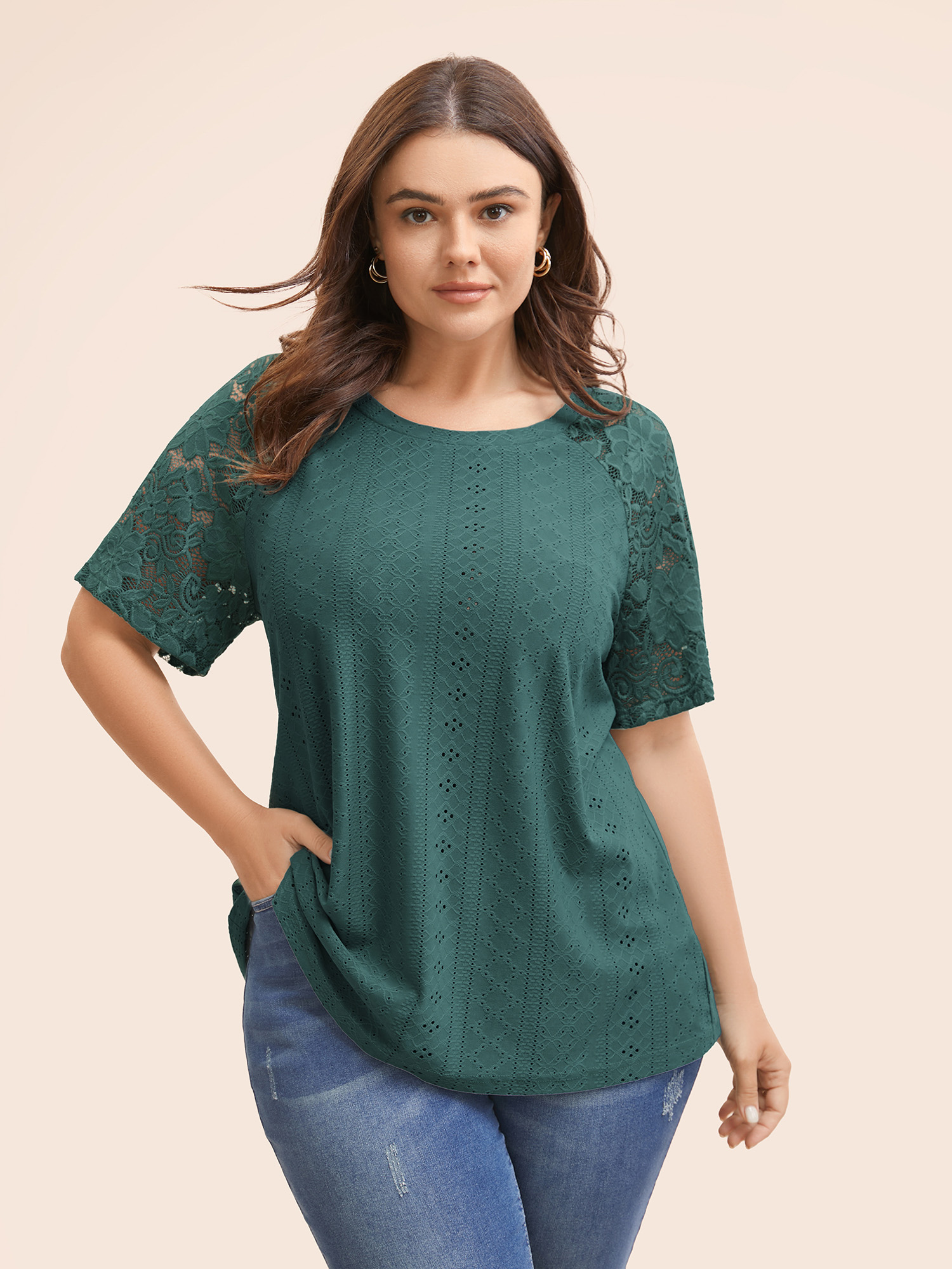 

Plus Size Solid Broderie Anglaise Lace Raglan Sleeve T-shirt Cyan Women Elegant See through Plain Round Neck Everyday T-shirts BloomChic