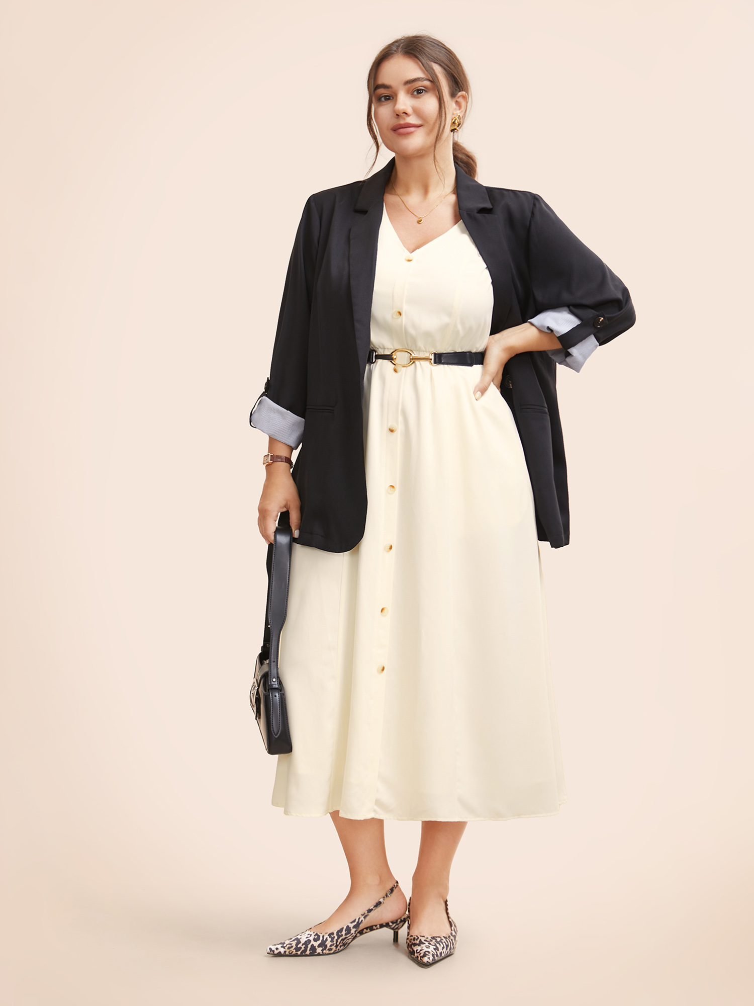 

Plus Size V Neck Button Detail Sleeveless Dress Ivory Women At the Office Button V-neck Sleeveless Curvy BloomChic