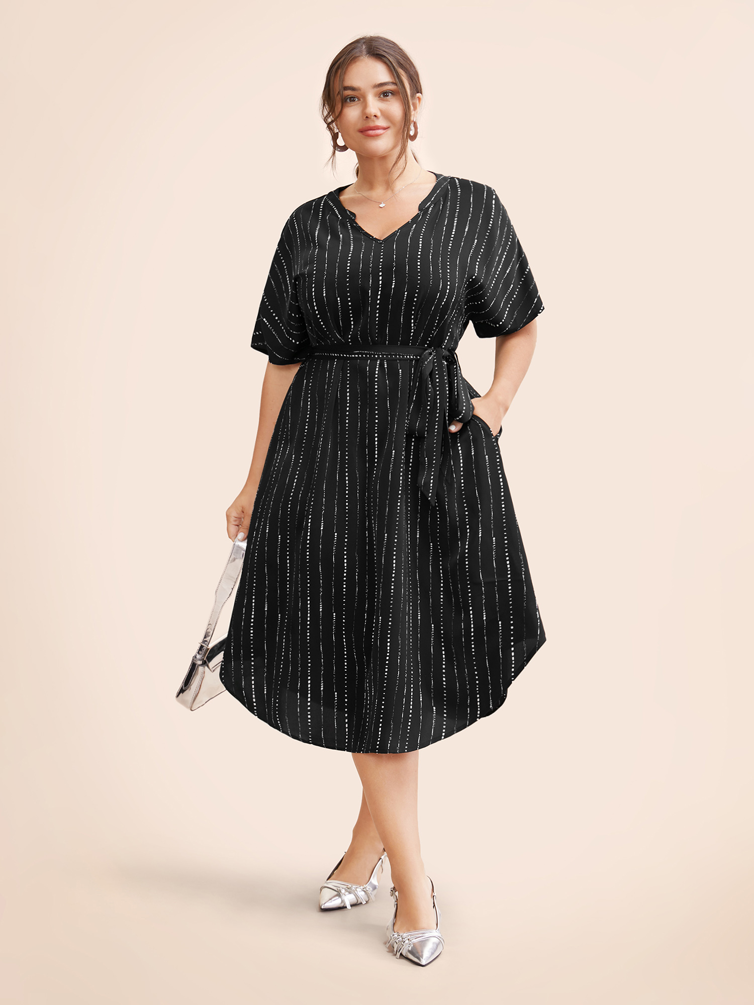 

Plus Size V Neck Striped Curved Hem Dress Black Women At the Office Belted Notched collar Short sleeve Curvy BloomChic