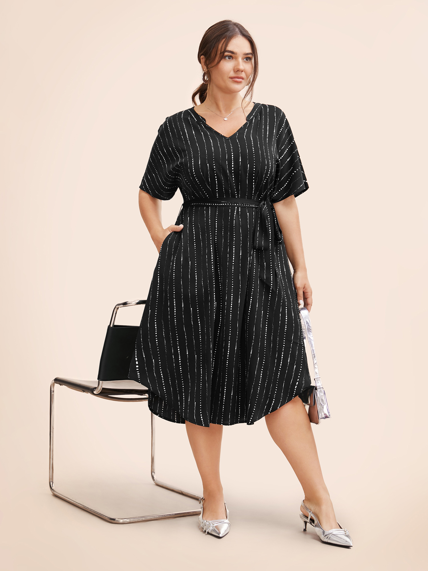 

Plus Size V Neck Striped Curved Hem Dress Black Women At the Office Belted Notched collar Short sleeve Curvy BloomChic