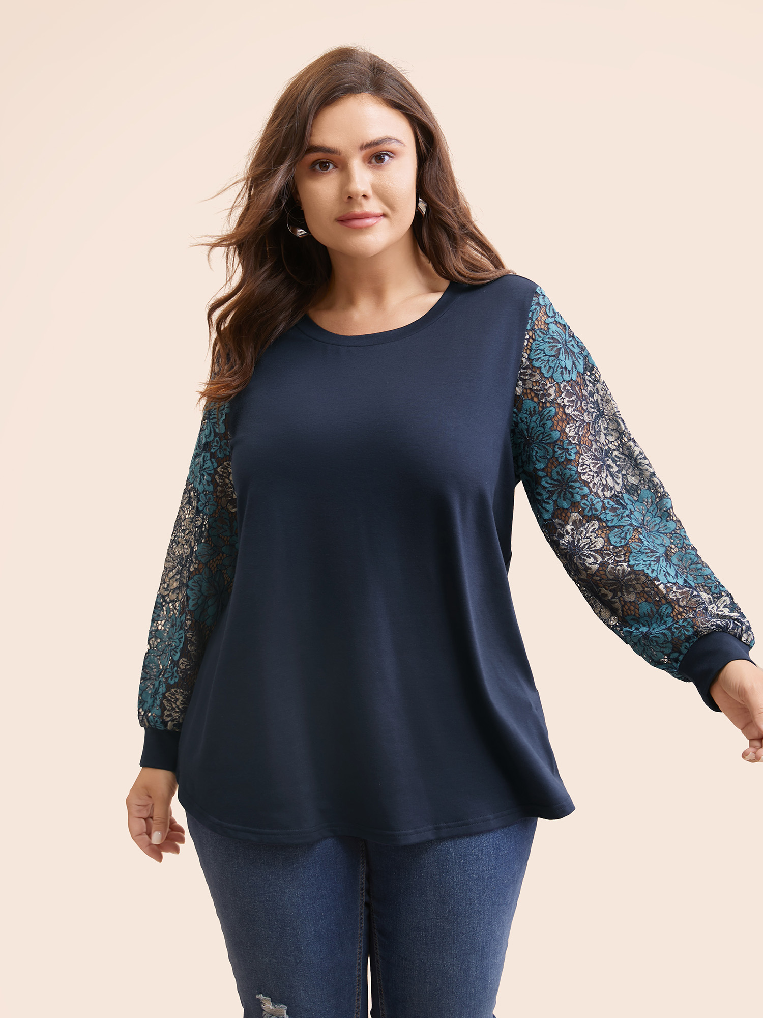 

Plus Size Crew Neck Floral Lace Patchwork Sweatshirt Women Midnight Casual See through Round Neck Everyday Sweatshirts BloomChic