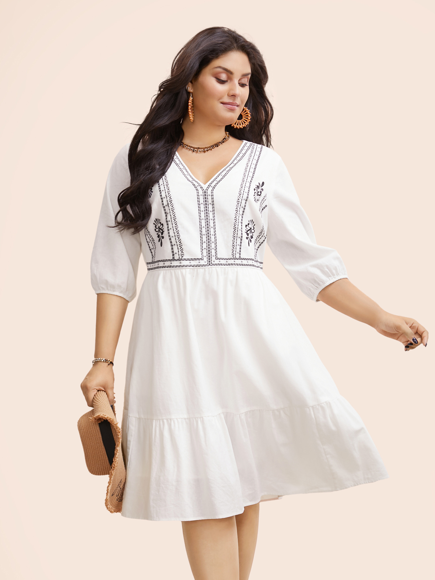 

Plus Size Boho Embroidered Elastic Waist Lantern Sleeve Dress Beige Women Resort Embroidered V-neck Elbow-length sleeve Curvy BloomChic