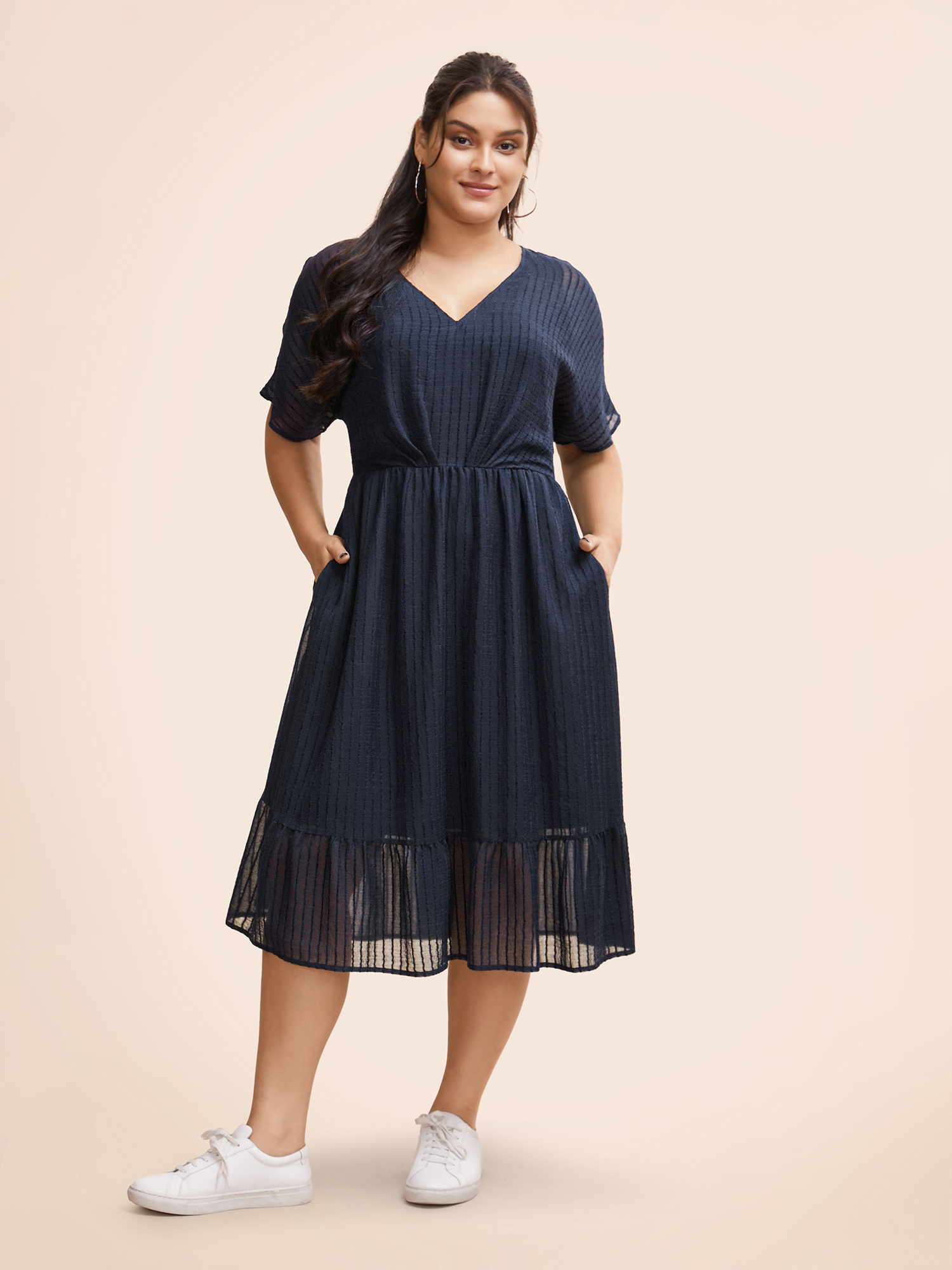 

Plus Size Striped Mesh Dolman Sleeve Midi Dress DarkBlue Women Casual Texture V-neck Short sleeve Curvy BloomChic