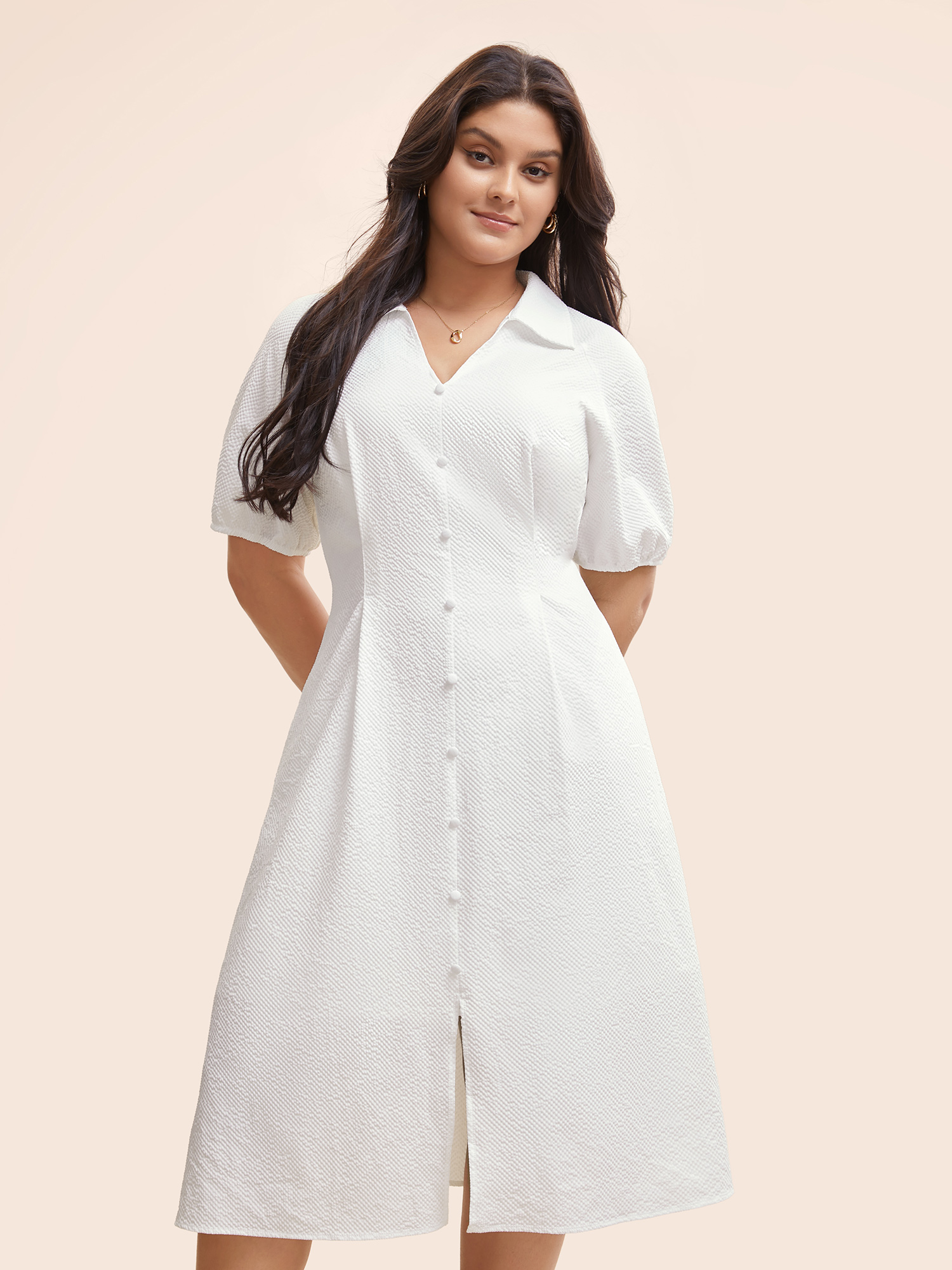 

Plus Size Texture Shirt Collar Button Detail Split Front Dress Ivory Women At the Office Texture Shirt collar Half Sleeve Curvy BloomChic