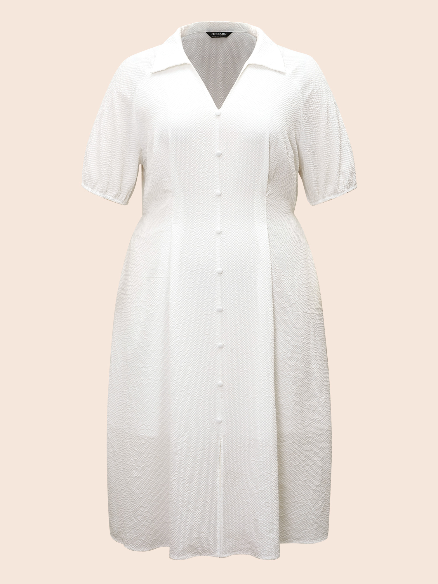 

Plus Size Texture Shirt Collar Button Detail Split Front Dress Ivory Women At the Office Texture Shirt collar Half Sleeve Curvy BloomChic