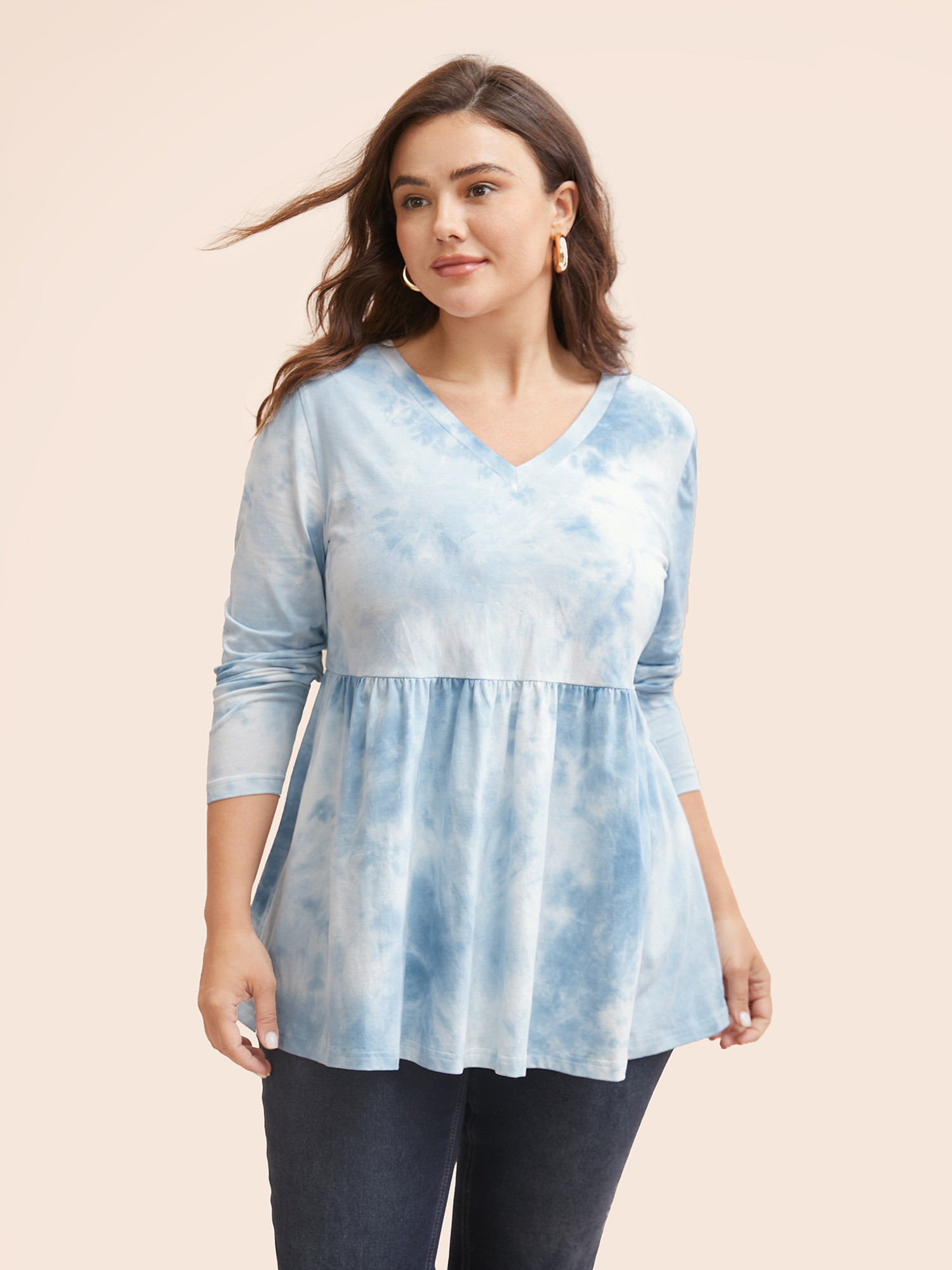 

Plus Size Tie Dye V Neck Gathered T-shirt LightBlue V-neck Long Sleeve Casual Jersey Tops