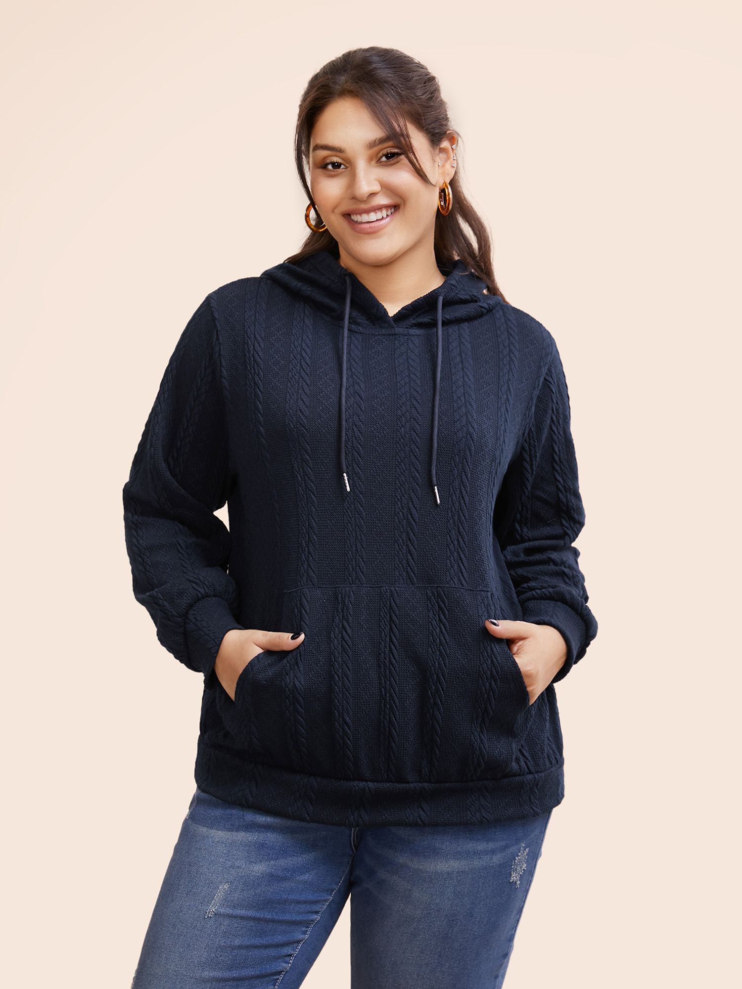 

Plus Size Solid Cable Knit Hooded Drawstring Sweatshirt Women DarkBlue Casual Texture Hooded Everyday Sweatshirts BloomChic