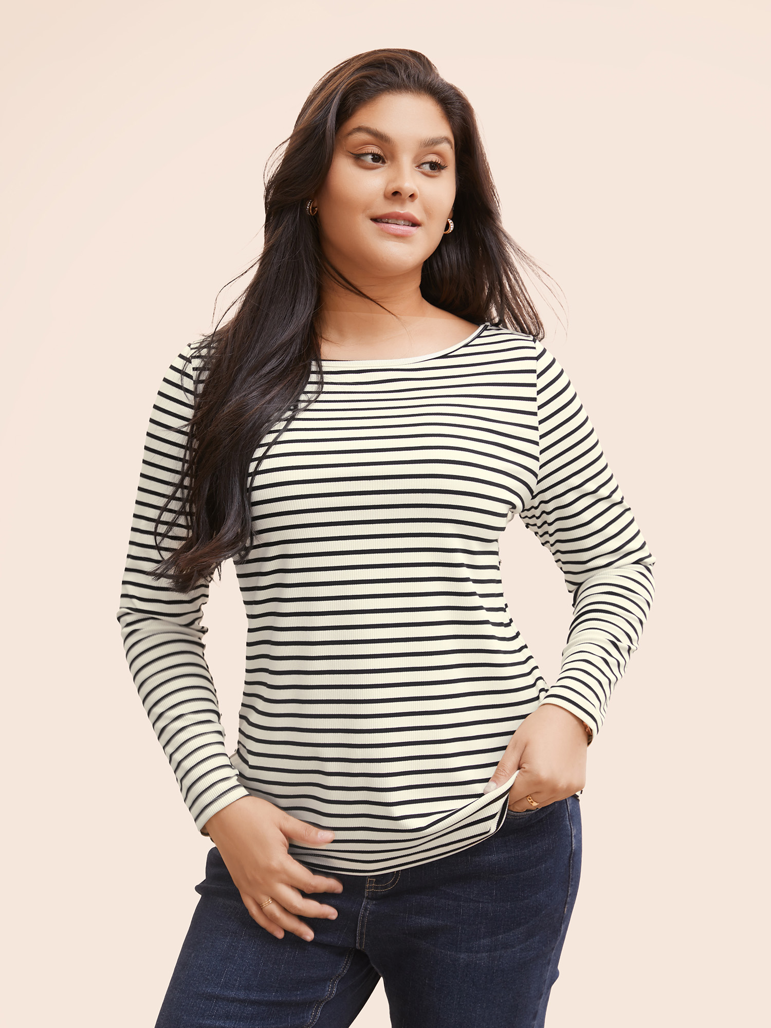 

Plus Size Striped Boat Neck Medium Stretch T-shirt Lightyellow Women Casual Texture Boat Neck Everyday T-shirts BloomChic