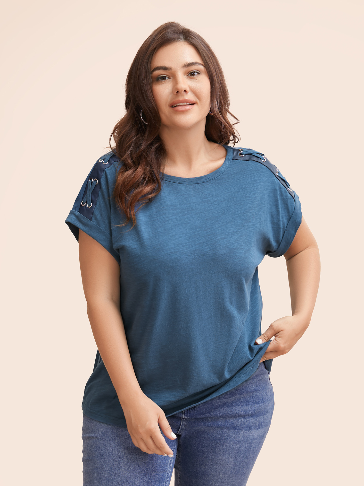 

Plus Size Crew Neck Patchwork Eyelet Tie Knot T-shirt Mediumblue Women Work From Home Eyelet Round Neck Work T-shirts BloomChic