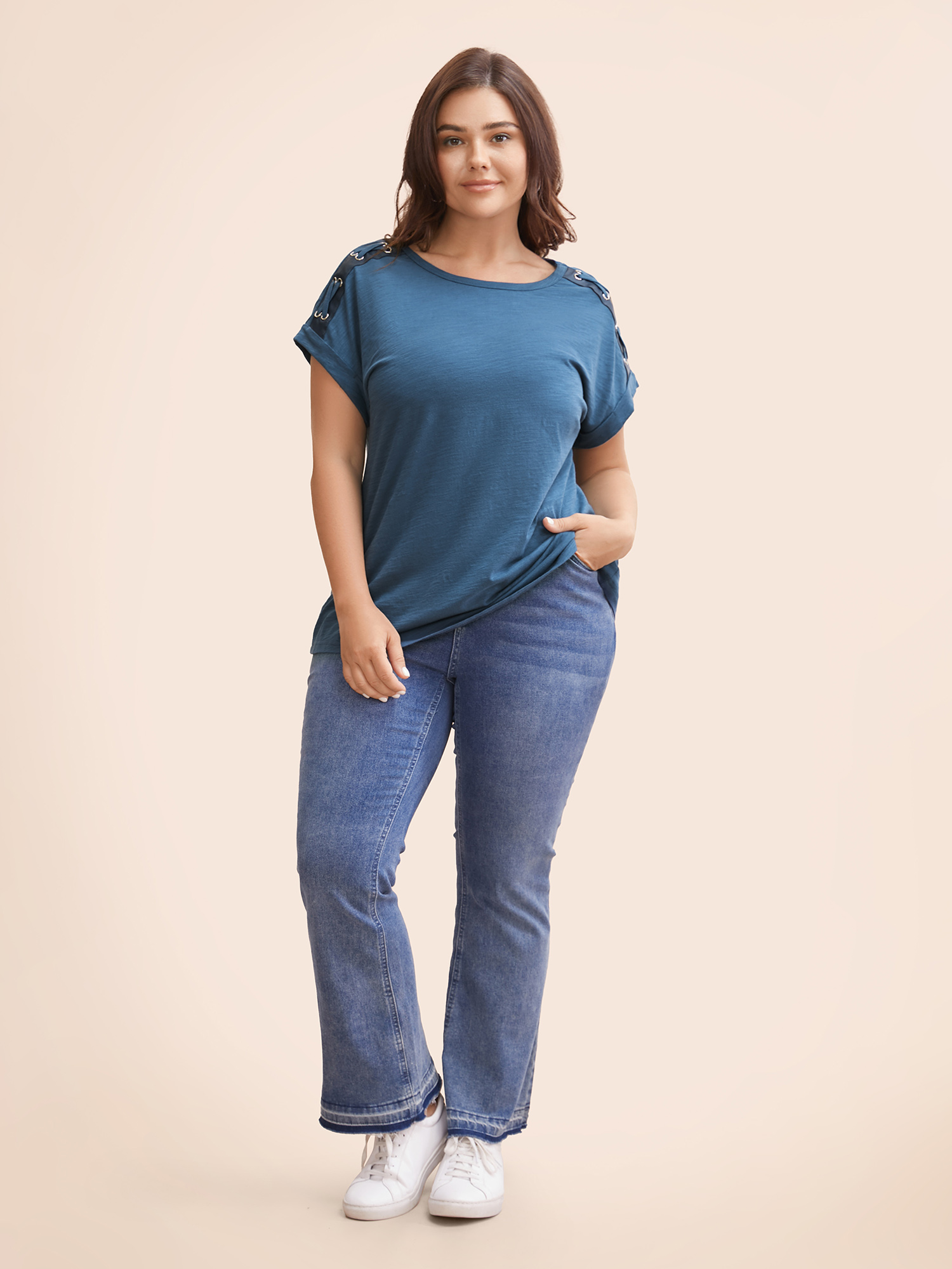 Plus Size Crew Neck Patchwork Eyelet Tie Knot T-shirt Mediumblue Women Work From Home Eyelet Round Neck Work T-shirts BloomChic 22-24/3X 