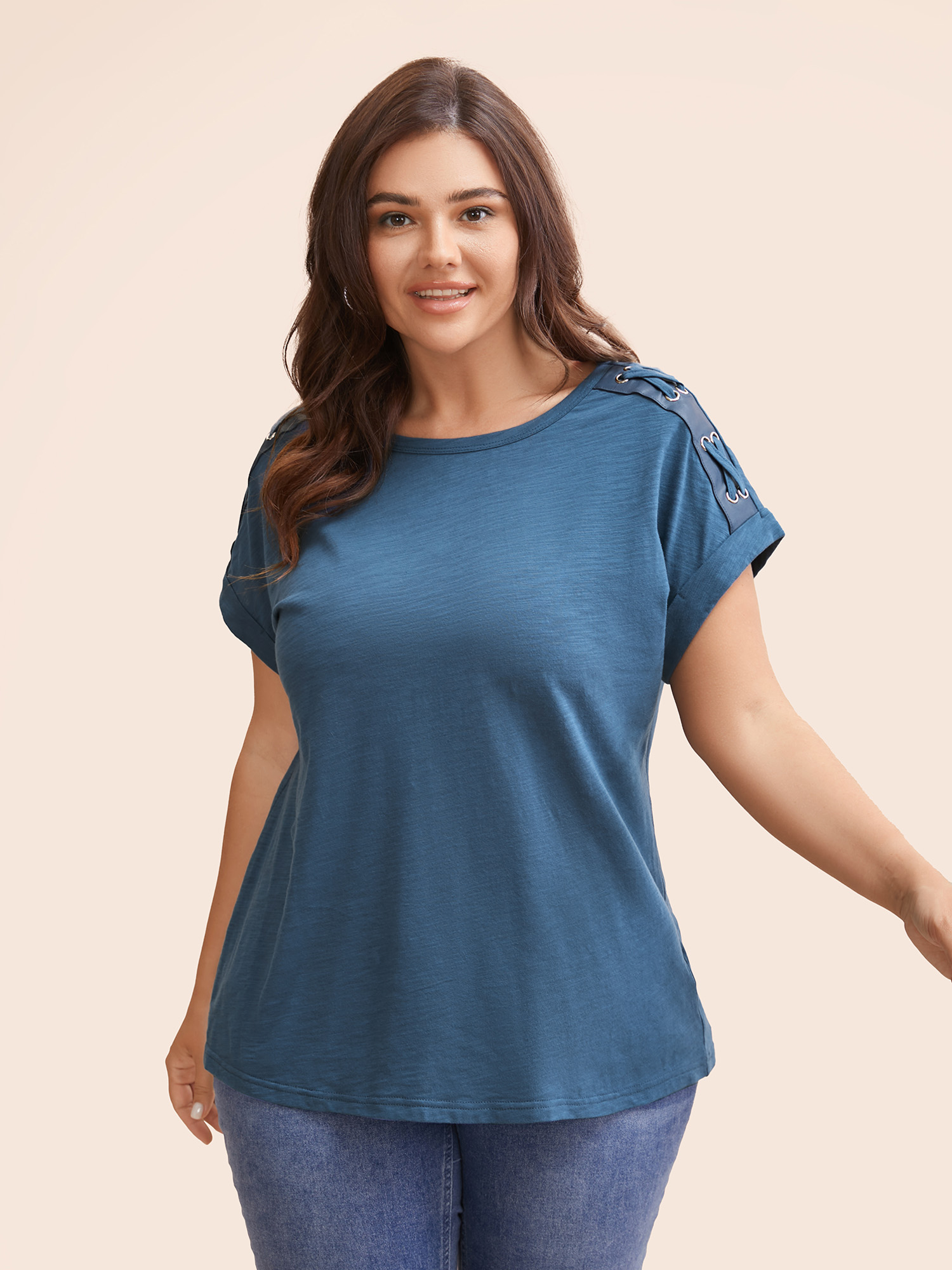 Plus Size Crew Neck Patchwork Eyelet Tie Knot T-shirt Mediumblue Women Work From Home Eyelet Round Neck Work T-shirts BloomChic 22-24/3X 