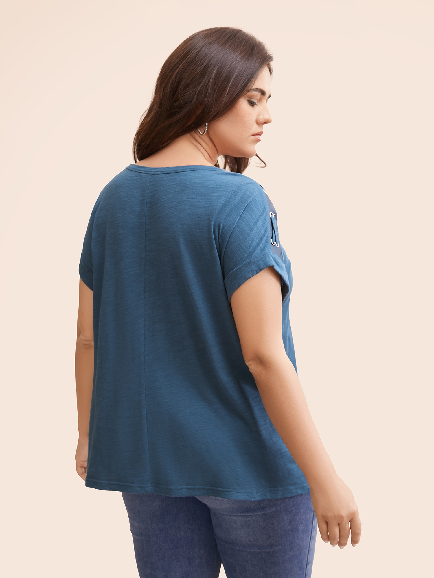 Plus Size Crew Neck Patchwork Eyelet Tie Knot T-shirt Mediumblue Women Work From Home Eyelet Round Neck Work T-shirts BloomChic 22-24/3X 
