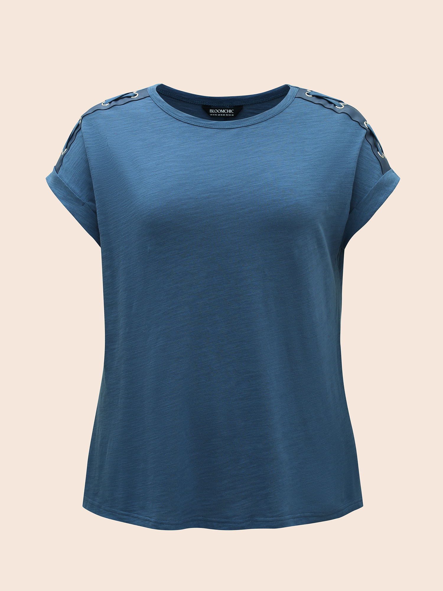 Plus Size Crew Neck Patchwork Eyelet Tie Knot T-shirt Mediumblue Women Work From Home Eyelet Round Neck Work T-shirts BloomChic 22-24/3X 
