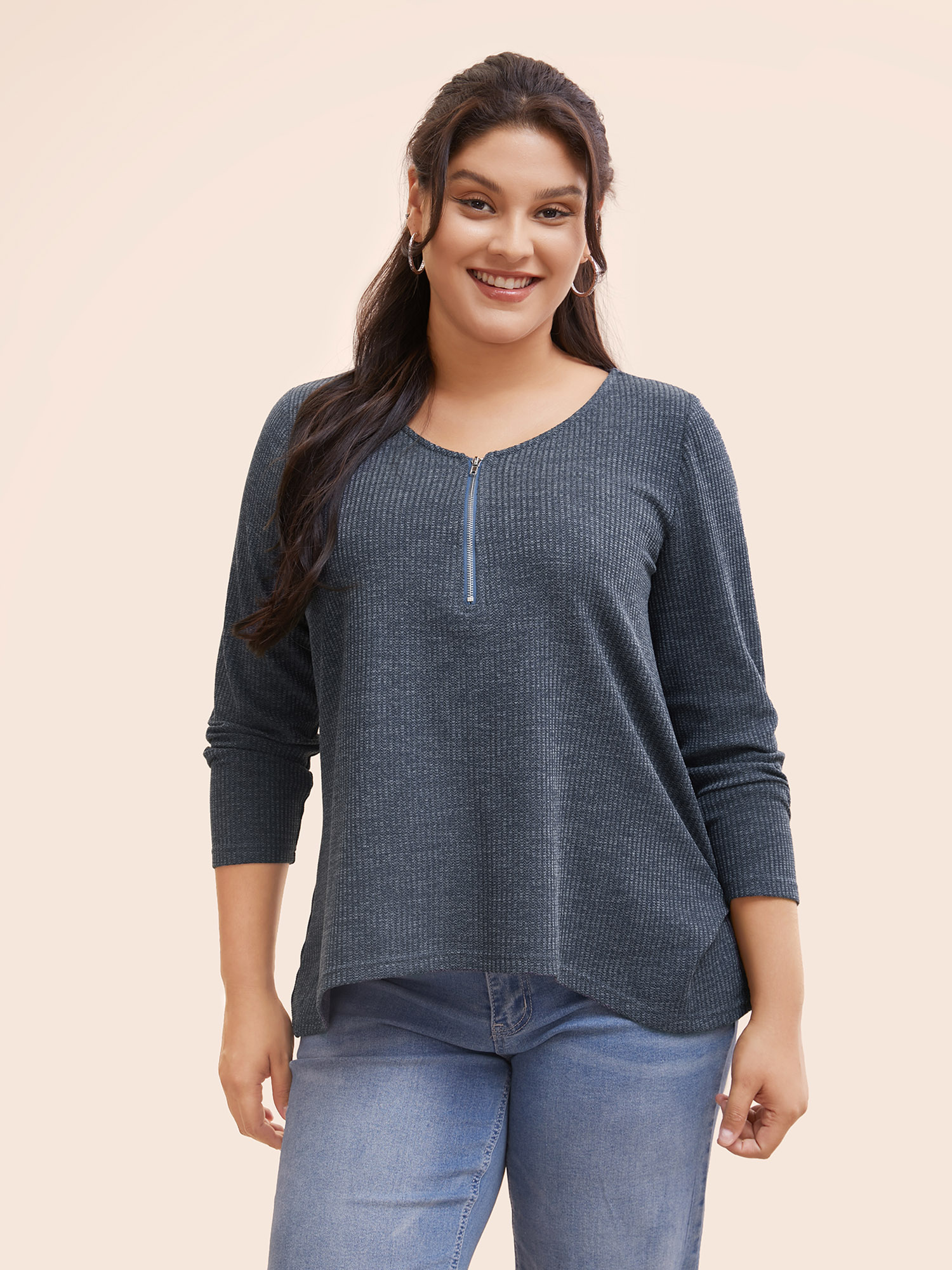 

Plus Size Rib Knit Half Zip High Low Hem T-shirt Navy Women Casual Texture V-neck Everyday T-shirts BloomChic