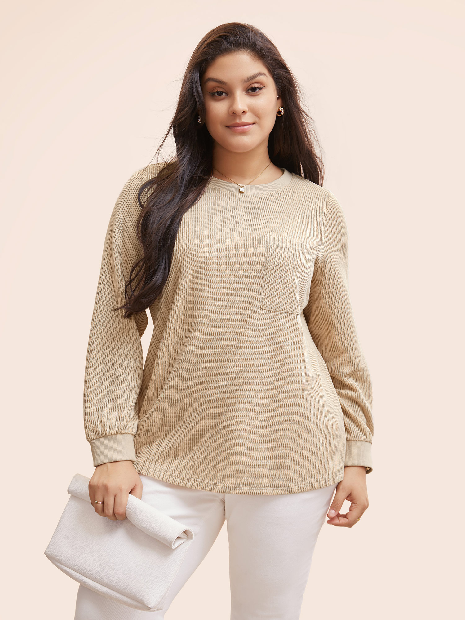 

Plus Size Crew Neck Rib Knit Patched Pocket T-shirt Champagne Women Casual Texture Round Neck Everyday T-shirts BloomChic