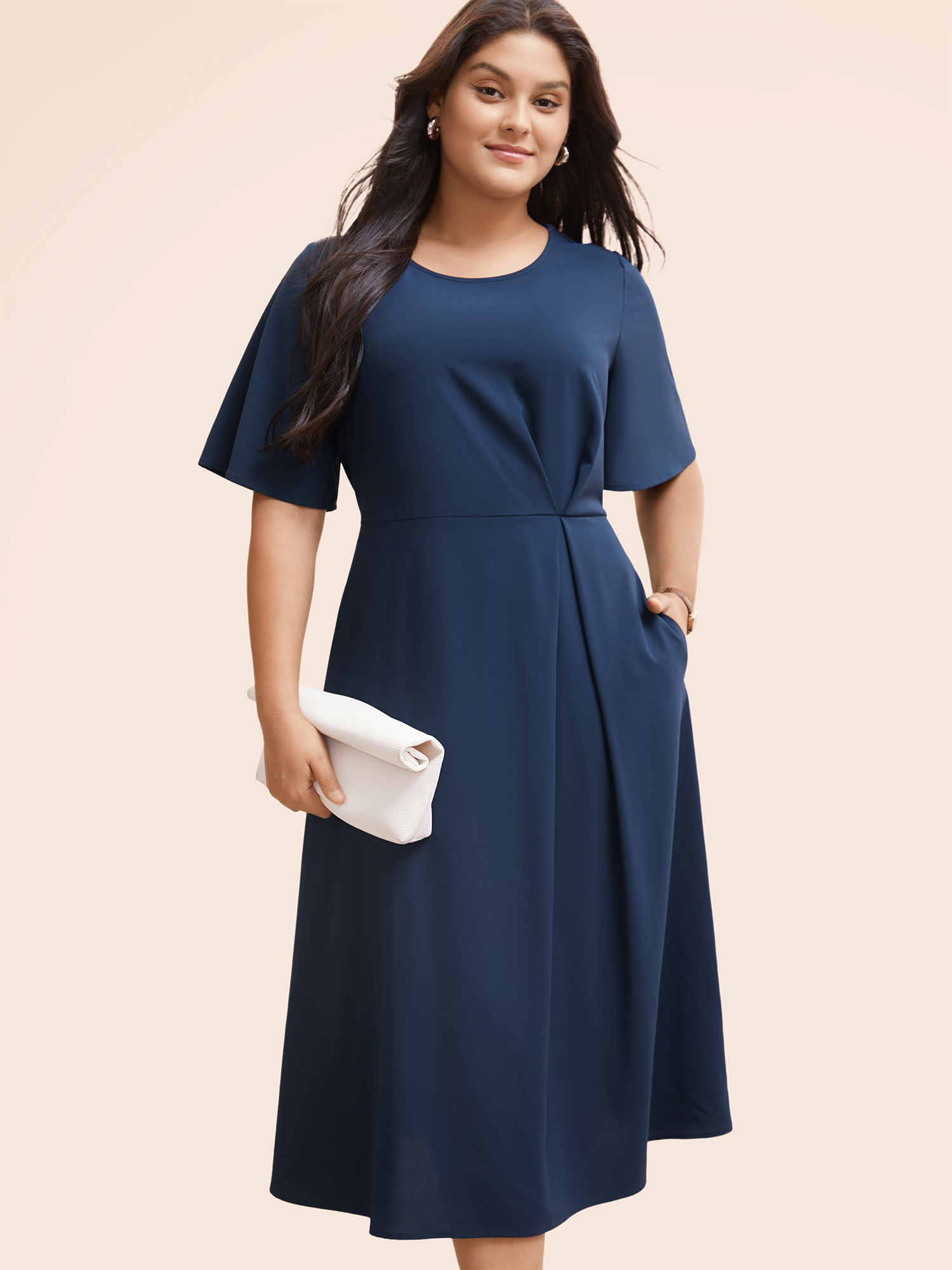 

Plus Size Plain Round Neck Plicated Detail Dress Indigo Women Workwear Essentials Pleated Round Neck Half Sleeve Curvy BloomChic