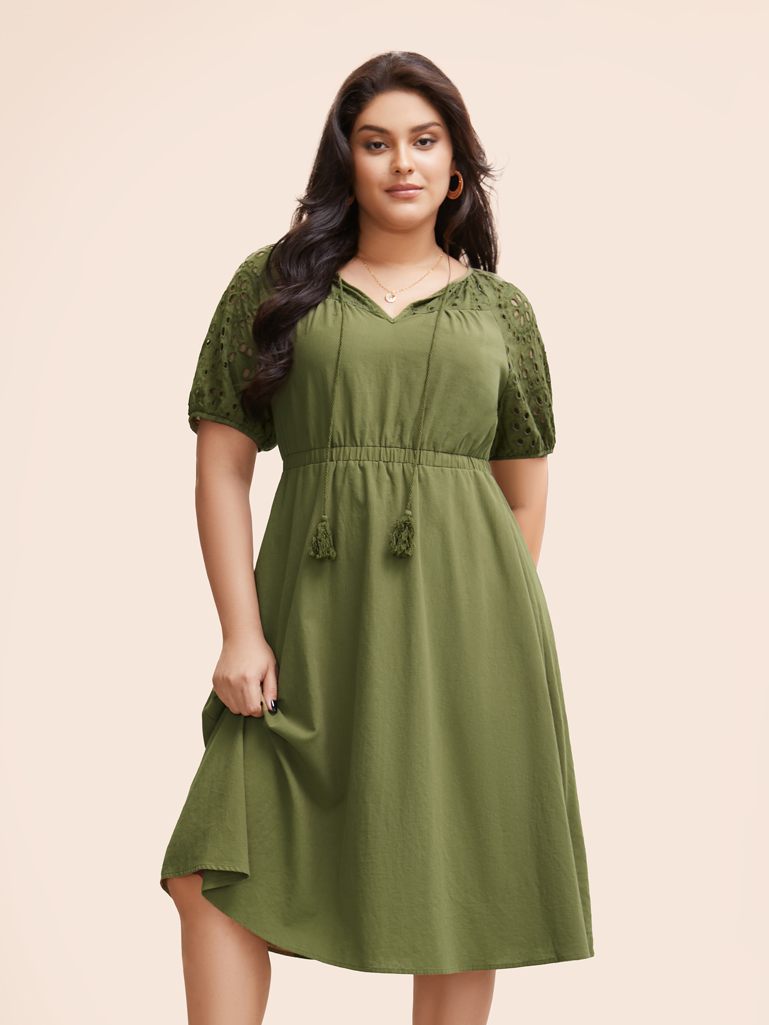 

Plus Size Broderie Anglaise Tassels Tie Knot Dress ArmyGreen Women Elegant Tie knot V-neck Short sleeve Curvy BloomChic