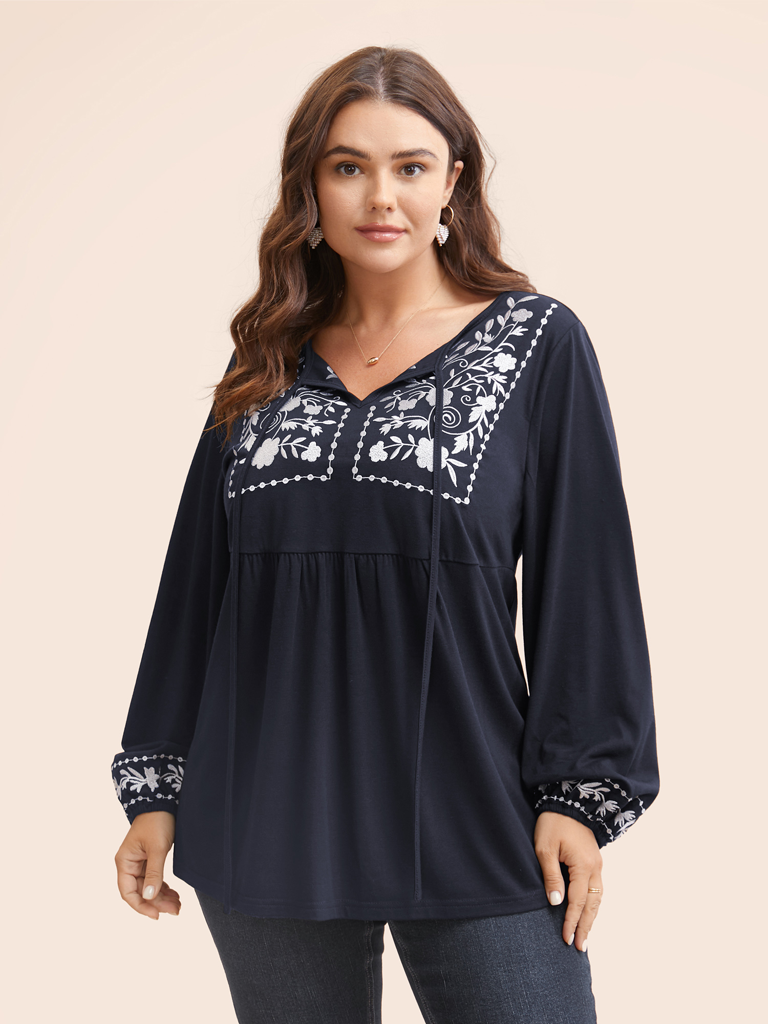 

Floral Embroidered Knot Neck Lantern Sleeve T-shirt, Midnight