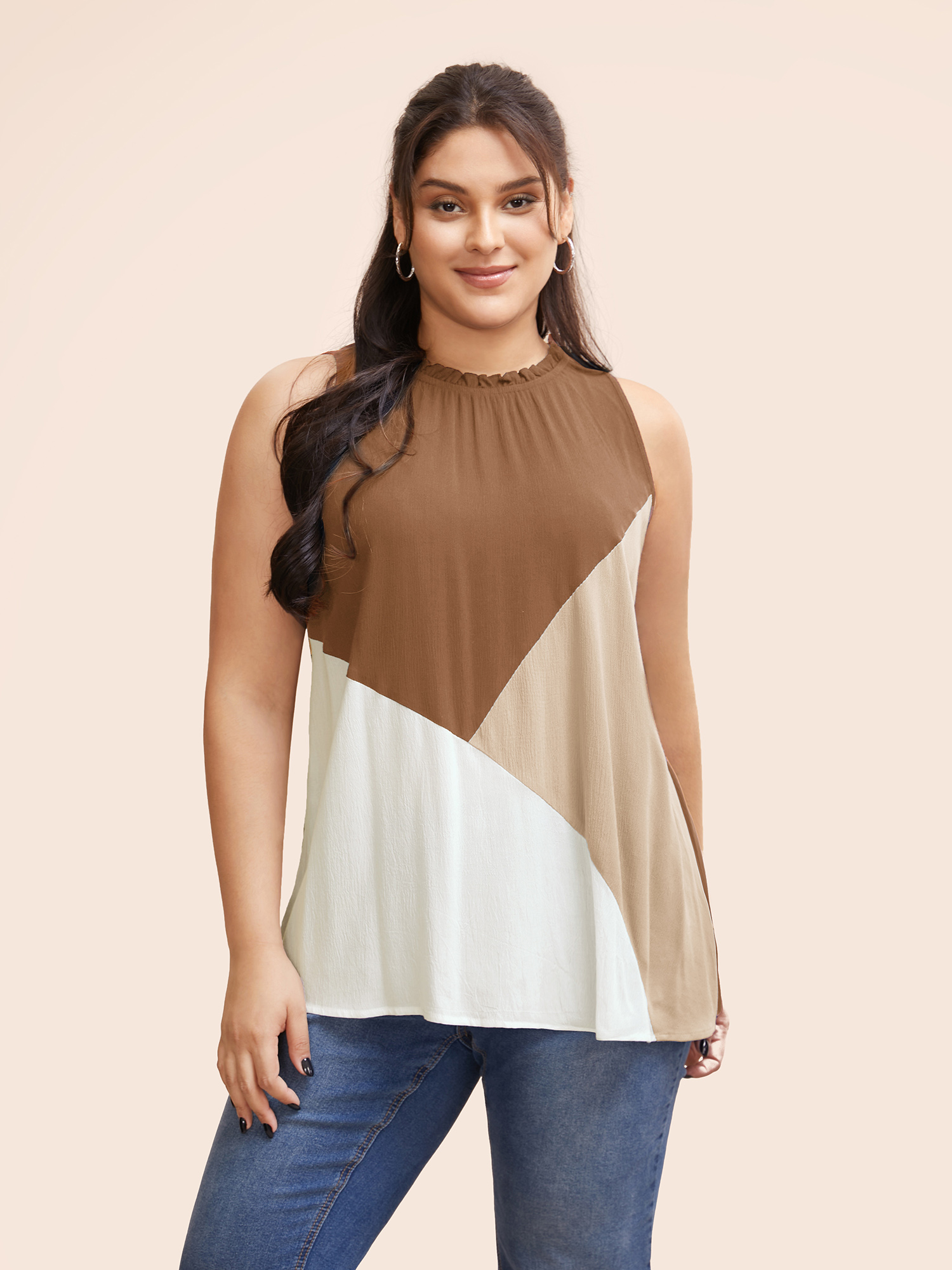 

Plus Size Colorblock Contrast Frill Trim Gathered Tank Top Women Ivory Casual Contrast Mock Neck Everyday Tank Tops Camis BloomChic