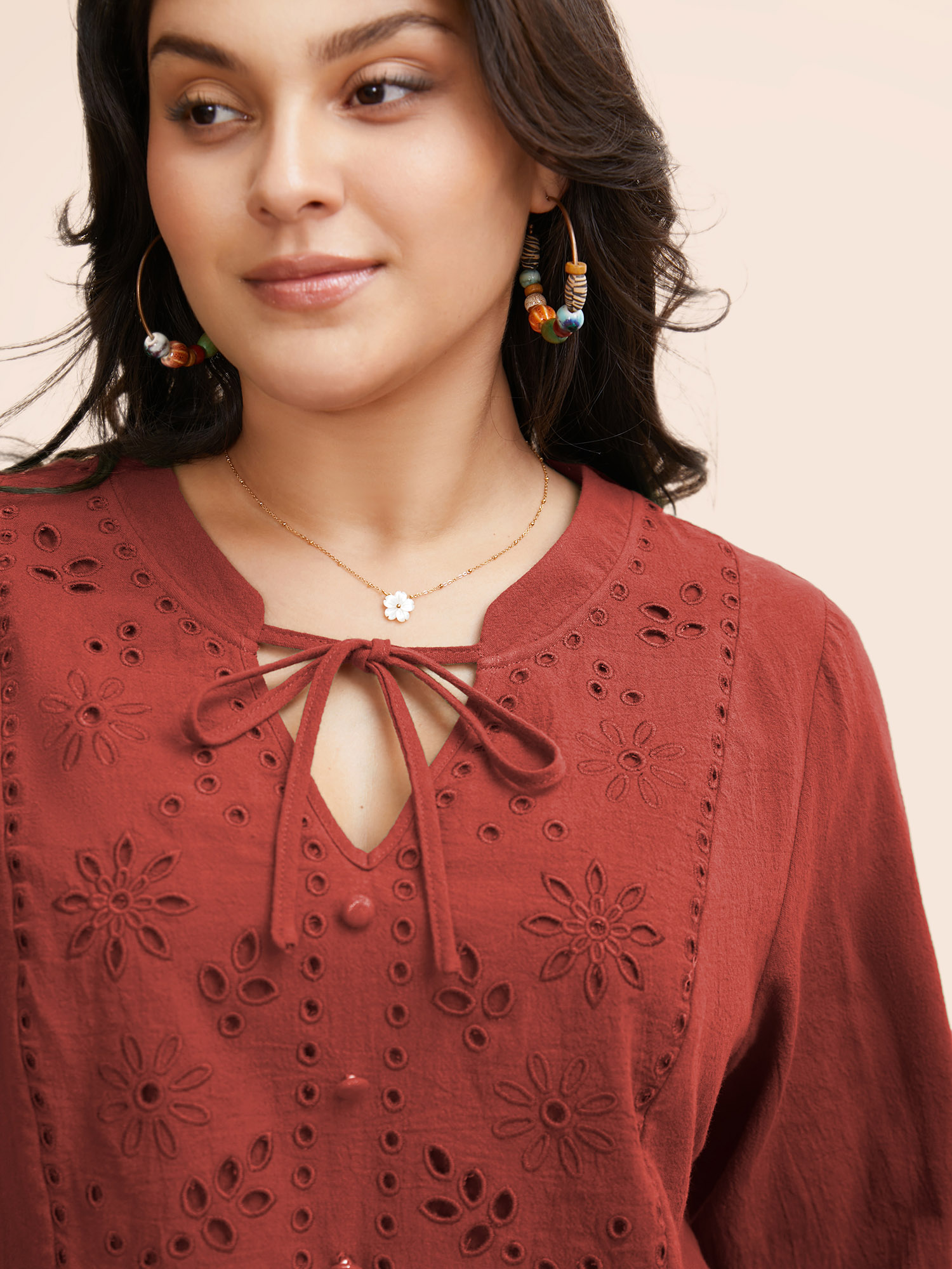 

Plus Size Russet Broderie Anglaise Tie Knot Lantern Sleeve Blouse Women Resort Elbow-length sleeve Notched collar Vacation Blouses BloomChic