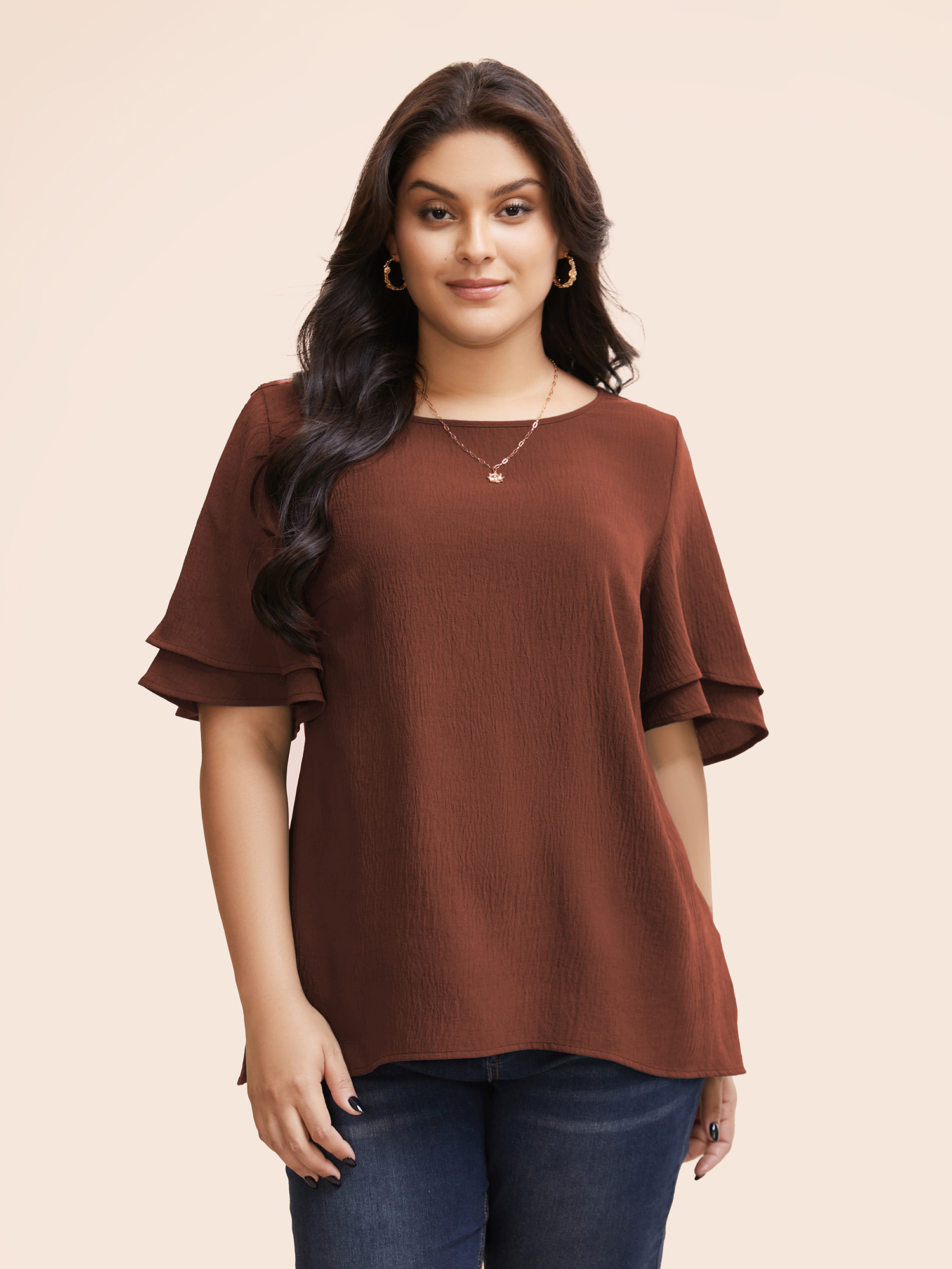 

Plus Size Maroon Solid Tiered Ruffles Split Hem Blouse Women Elegant Half Sleeve Boat Neck Everyday Blouses BloomChic