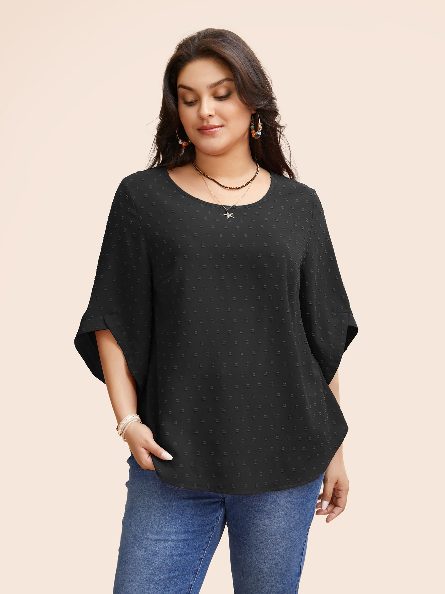 

Plus Size Black Textured Round Neck Bell Sleeve Blouse Women Elegant Elbow-length sleeve Round Neck Everyday Blouses BloomChic