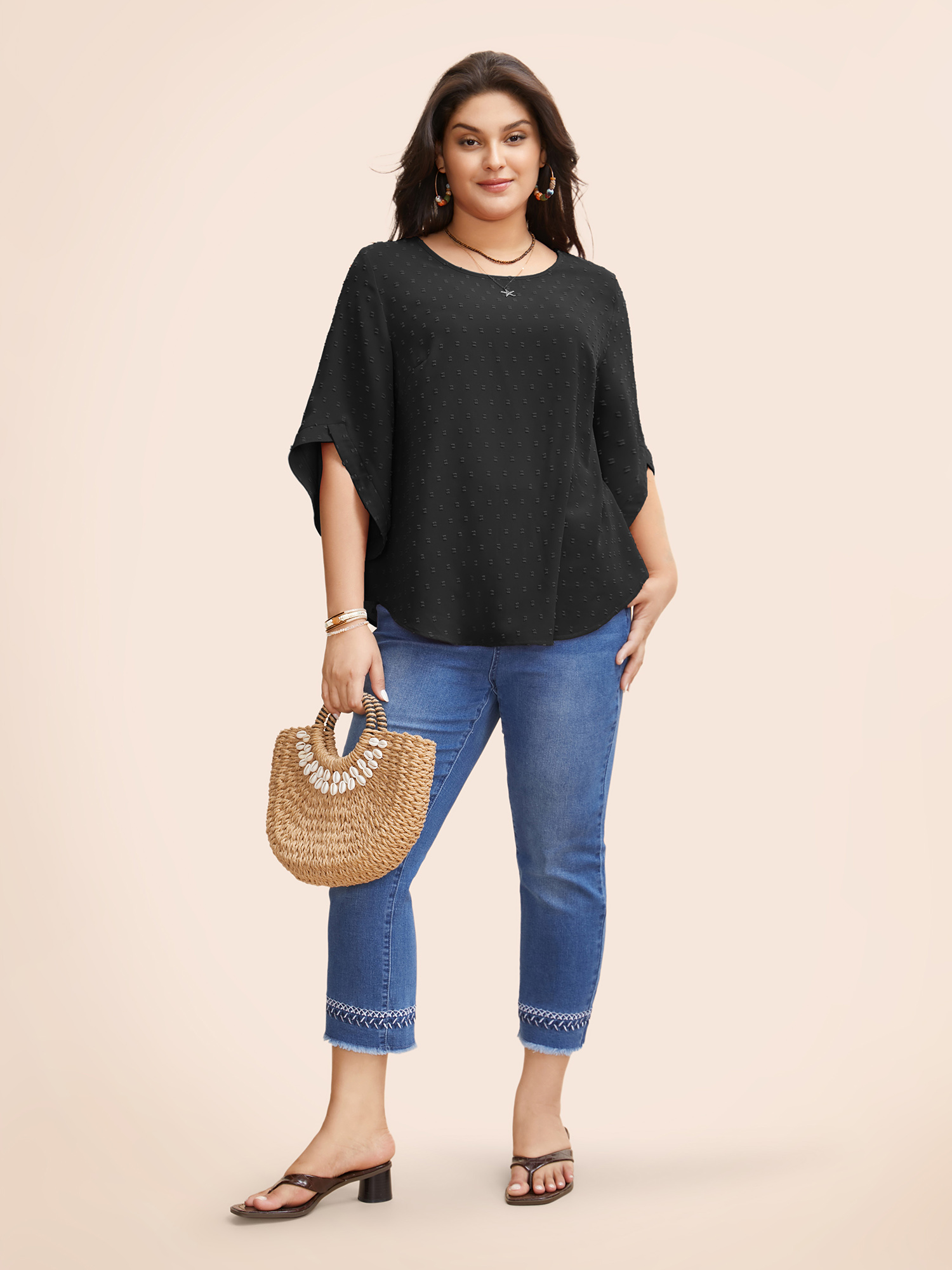 Plus Size Black Textured Round Neck Bell Sleeve Blouse Women Elegant Elbow-length sleeve Round Neck Everyday Blouses BloomChic 10/M 
