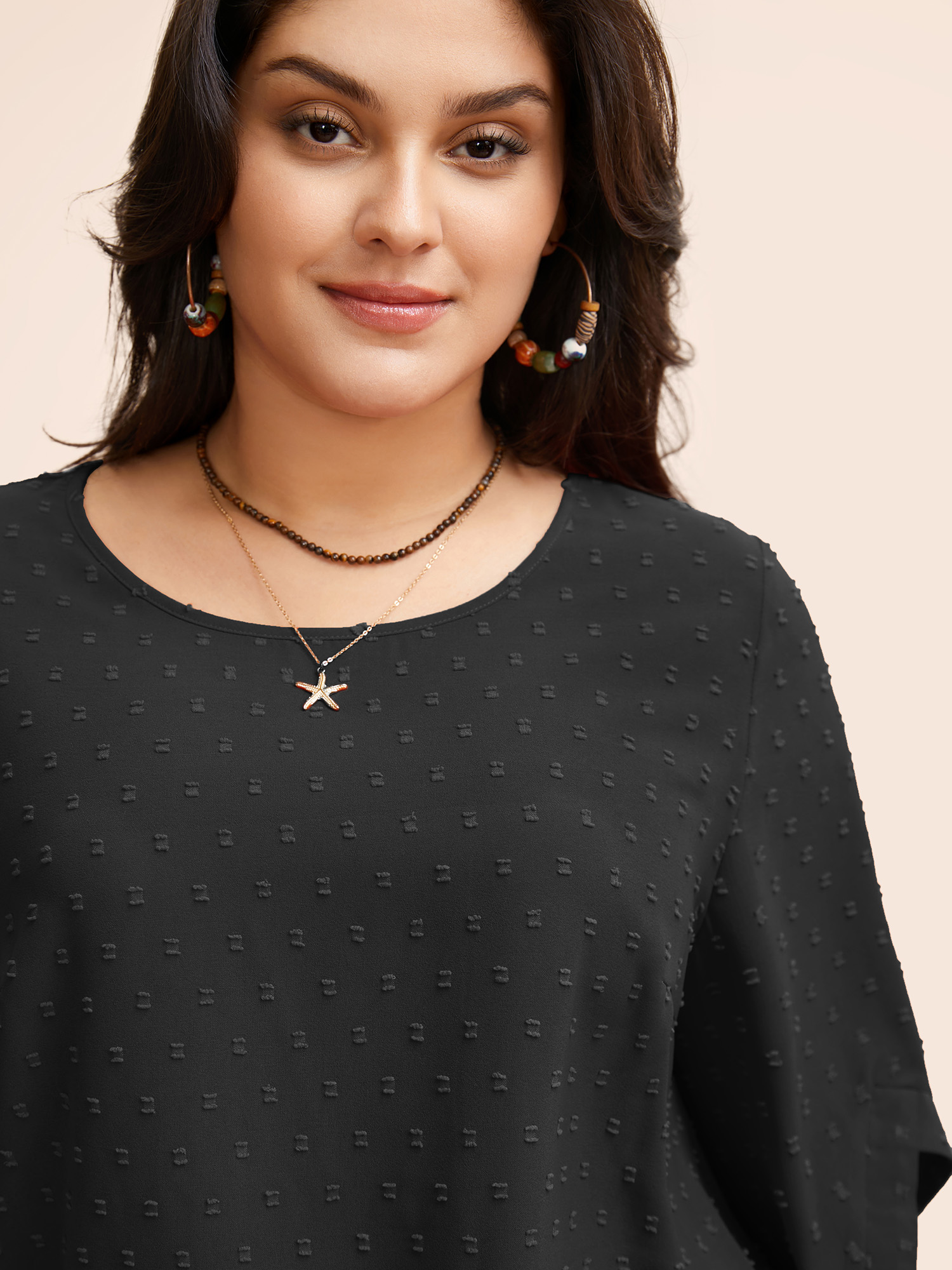 Plus Size Black Textured Round Neck Bell Sleeve Blouse Women Elegant Elbow-length sleeve Round Neck Everyday Blouses BloomChic 10/M 