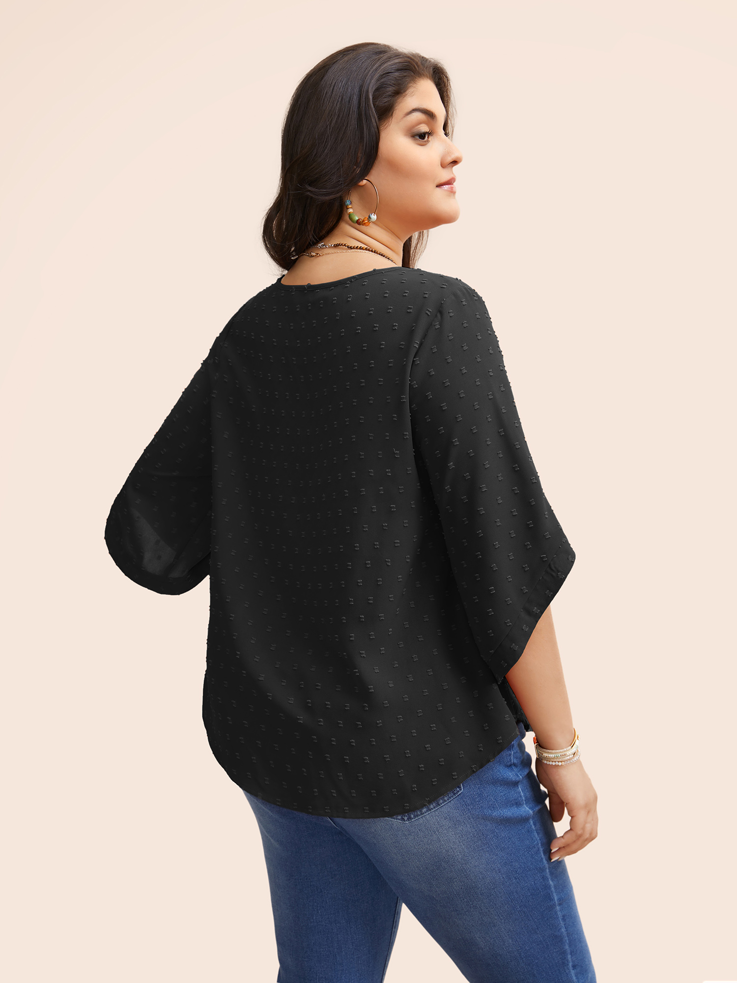 Plus Size Black Textured Round Neck Bell Sleeve Blouse Women Elegant Elbow-length sleeve Round Neck Everyday Blouses BloomChic 10/M 