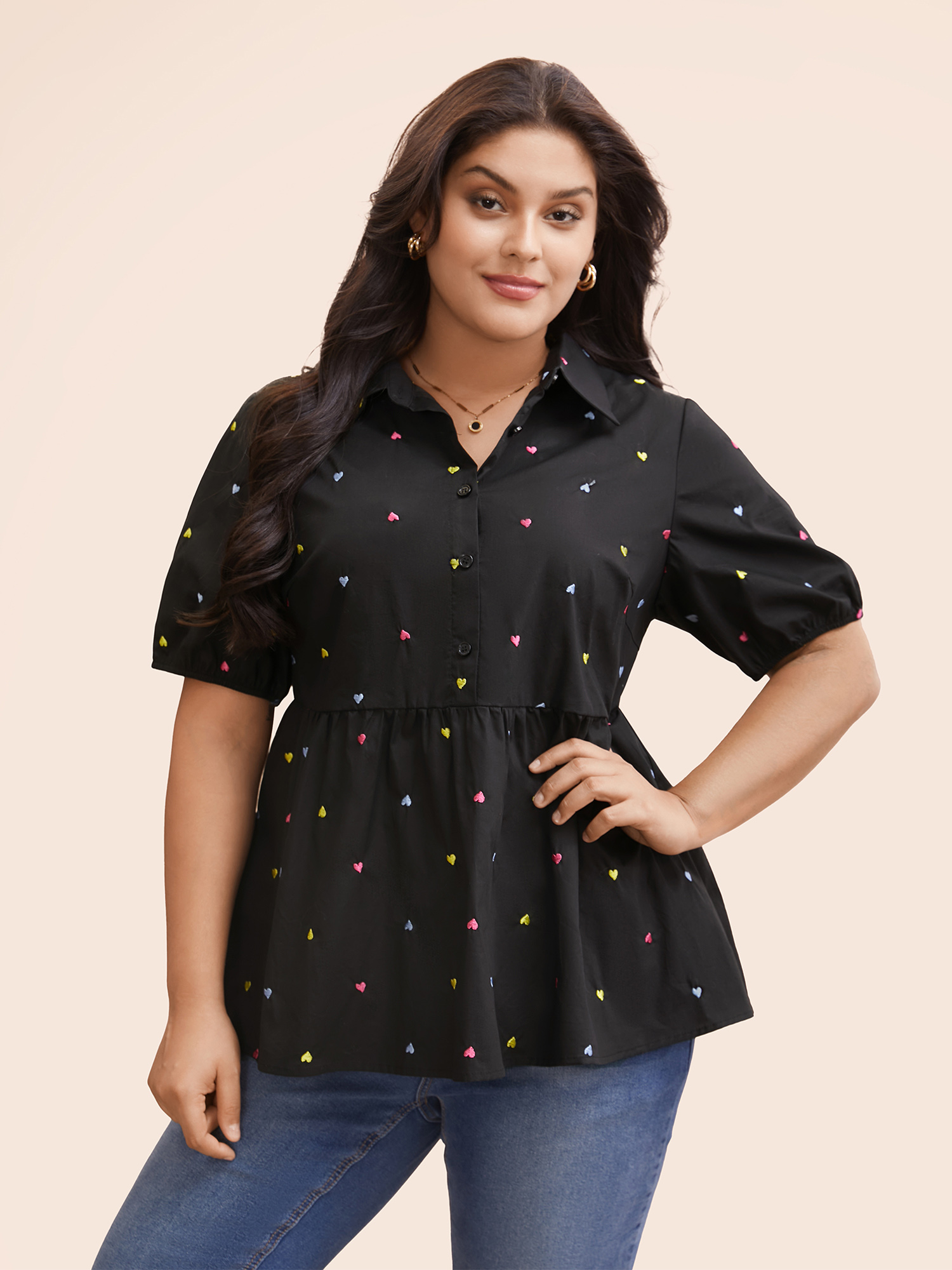 

Plus Size Black Cotton Geometric Embroidery Tunic Blouse Women Casual Short sleeve Shirt collar Everyday Blouses BloomChic