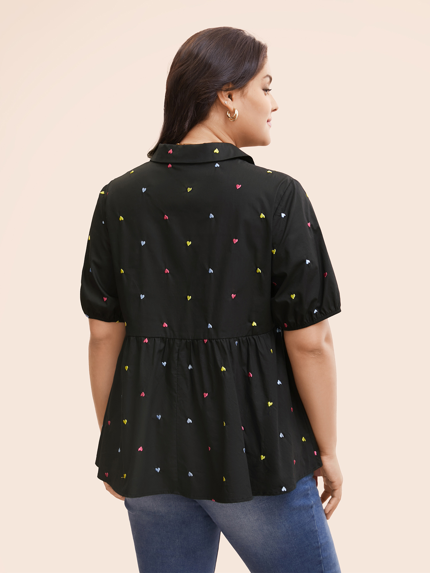 

Plus Size Black Cotton Geometric Embroidery Tunic Blouse Women Casual Short sleeve Shirt collar Everyday Blouses BloomChic