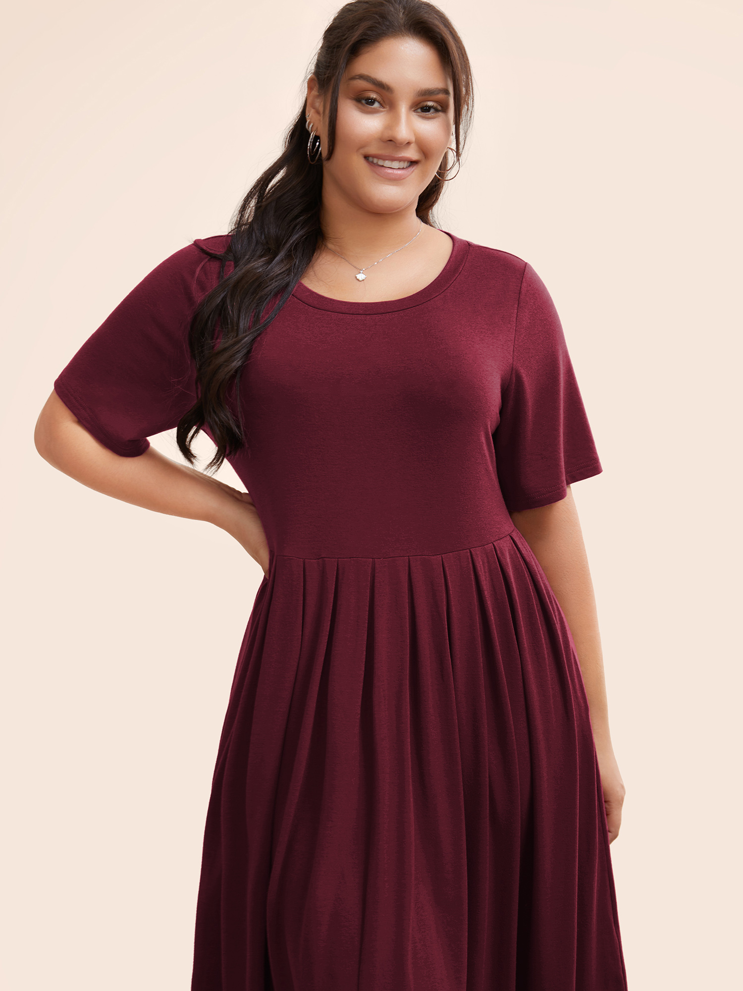 

Plus Size Supersoft Essentials Solid Pleated Round Neck Midi Dress Burgundy Women Casual Plain Round Neck Short sleeve Curvy Midi Dress BloomChic