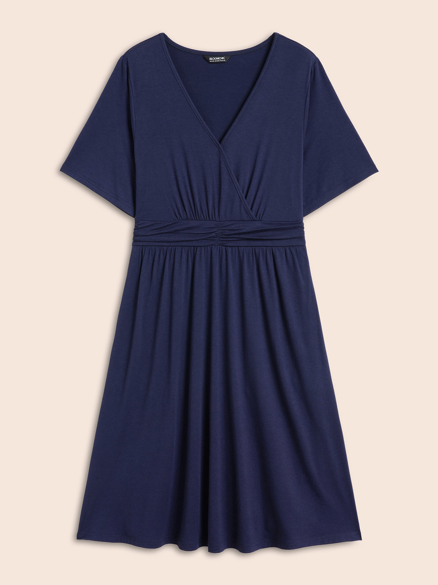 

Plus Size Supersoft Essentials Solid Surplice Neck Ruched Front Dress Navy Women Casual Wrap V-neck Short sleeve Curvy Midi Dress BloomChic