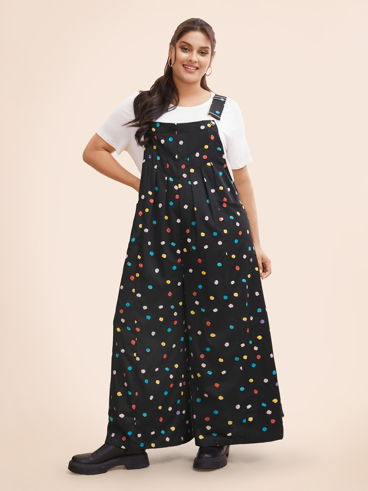 

Plus Size Black Painted Polka Dot Adjustable Straps Jumpsuit Women Casual Sleeveless Non Everyday Loose Jumpsuits BloomChic