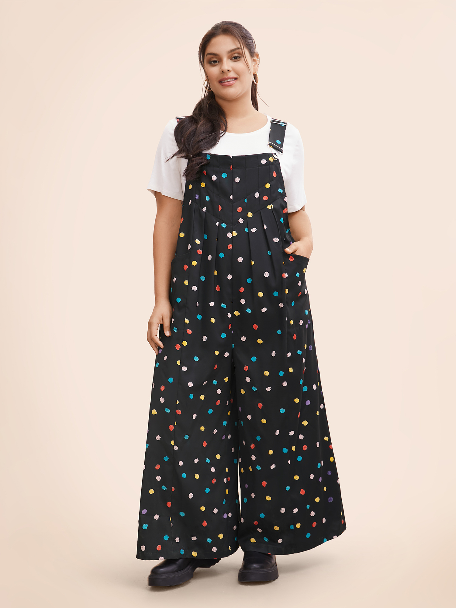 

Plus Size Black Painted Polka Dot Adjustable Straps Jumpsuit Women Casual Sleeveless Non Everyday Loose Jumpsuits BloomChic