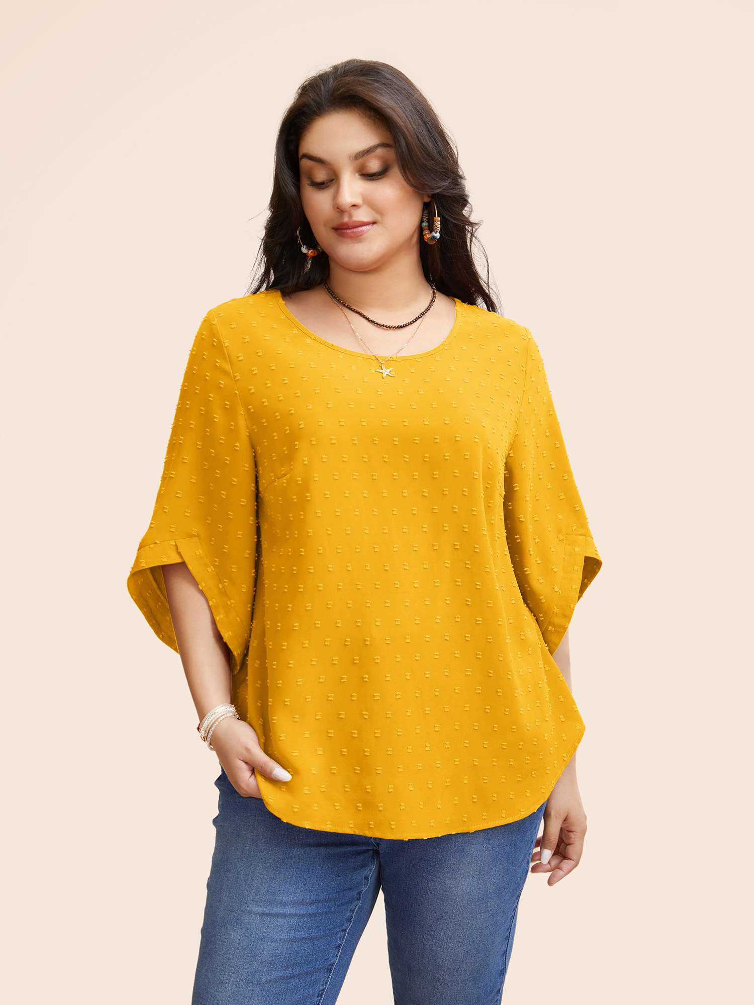 

Plus Size Lemonyellow Textured Round Neck Bell Sleeve Blouse Women Elegant Elbow-length sleeve Round Neck Everyday Blouses BloomChic