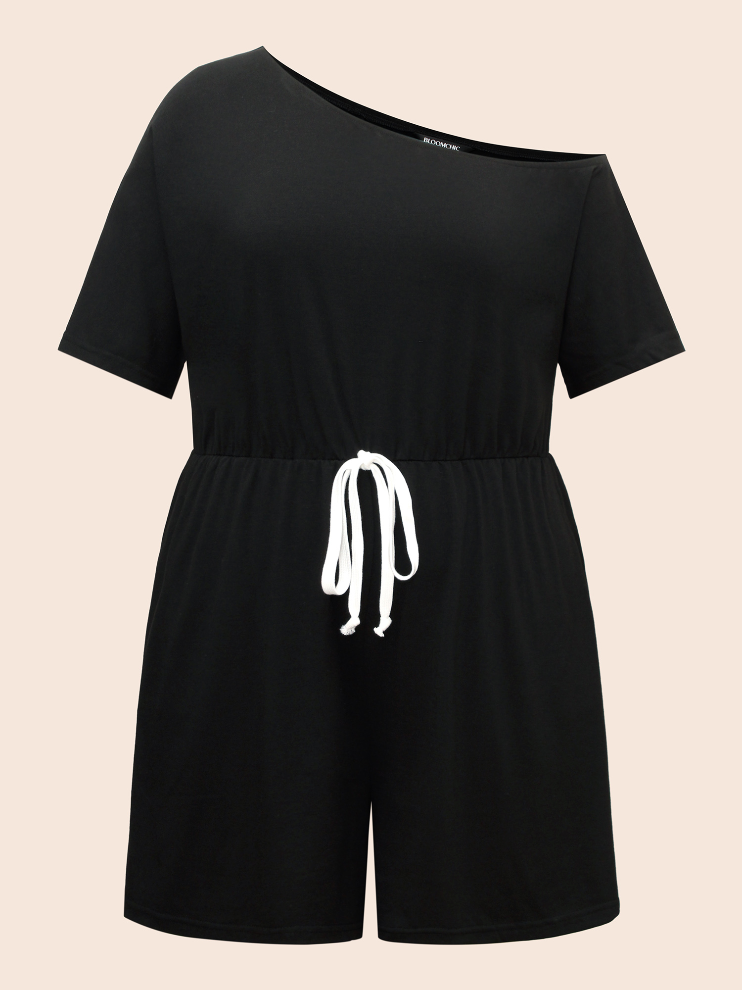 

Plus Size Black Solid Knotted Front Pocket One Shoulder Romper Women Casual Short sleeve Non Everyday Loose Jumpsuits BloomChic