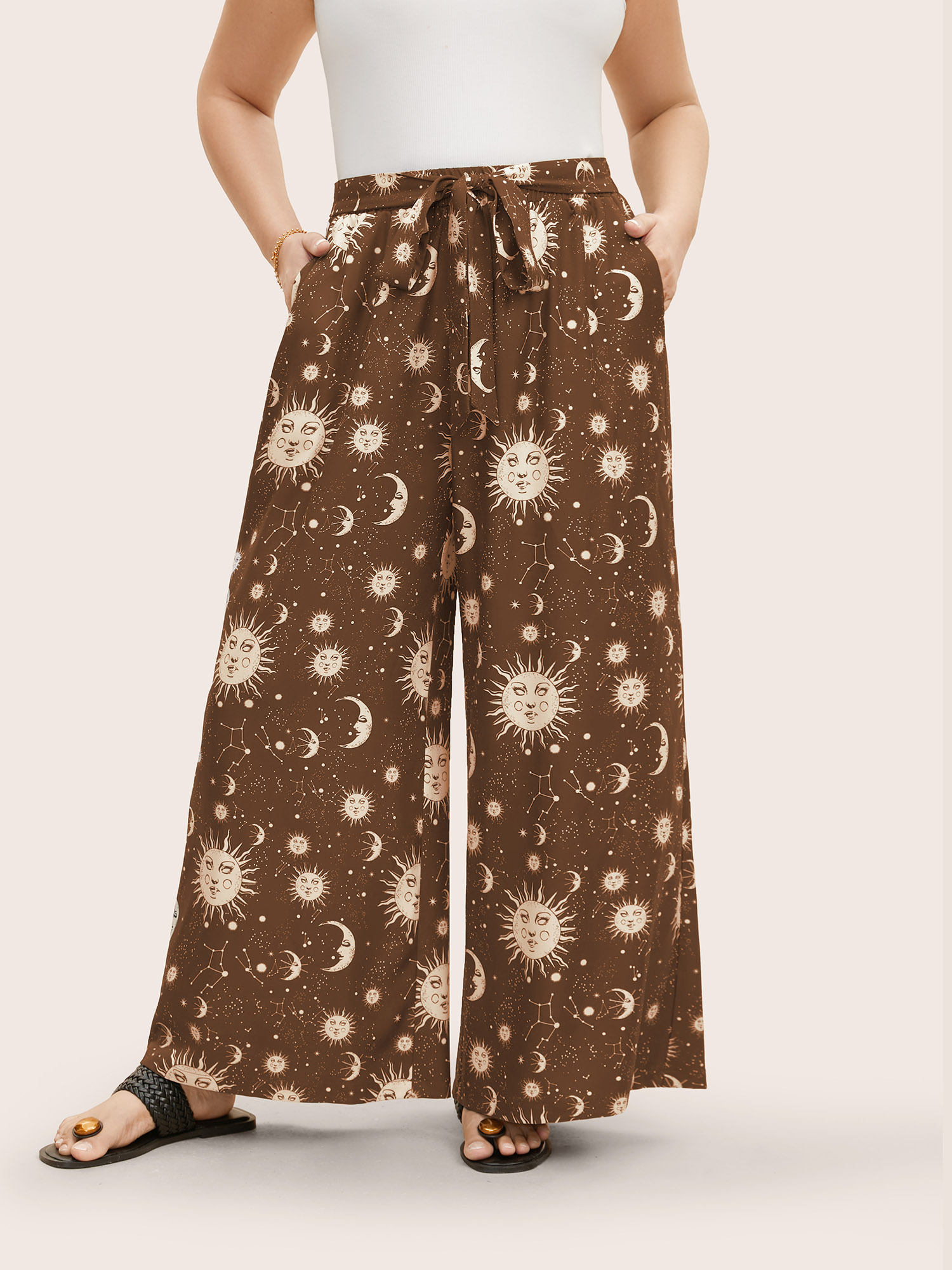 

Plus Size Silhouette Floral Print Ties Side Seam Pocket Pants Women Yellowishbrown Elegant Wide Leg High Rise Everyday Pants BloomChic