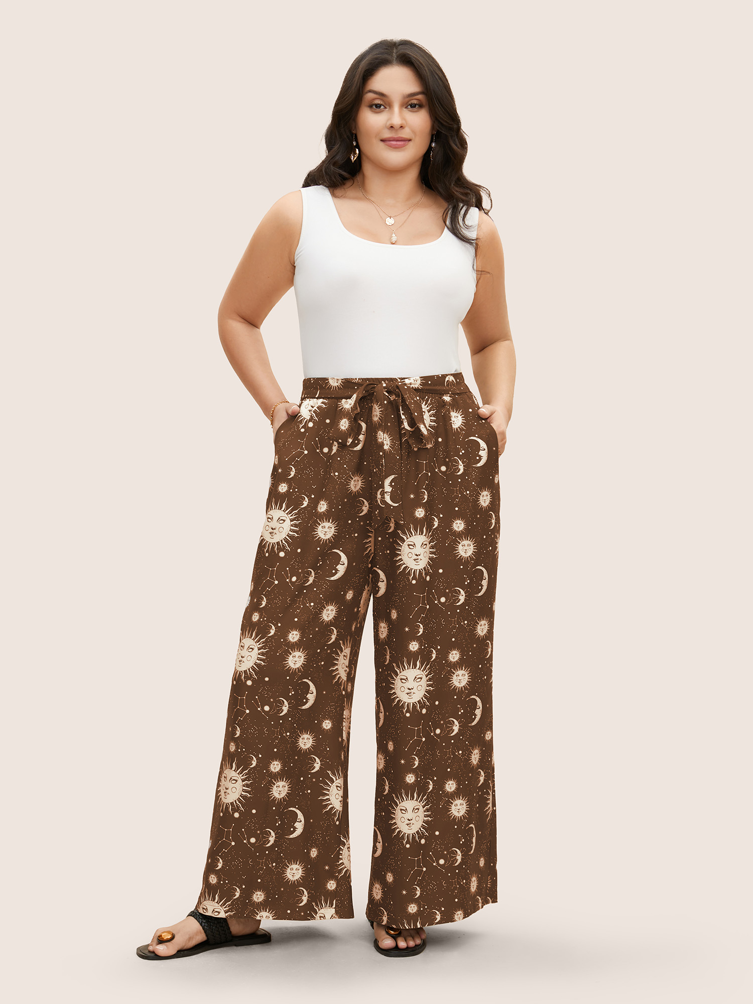 Plus Size Silhouette Floral Print Ties Side Seam Pocket Pants Women Yellowishbrown Elegant Wide Leg High Rise Everyday Pants BloomChic 26/4X 