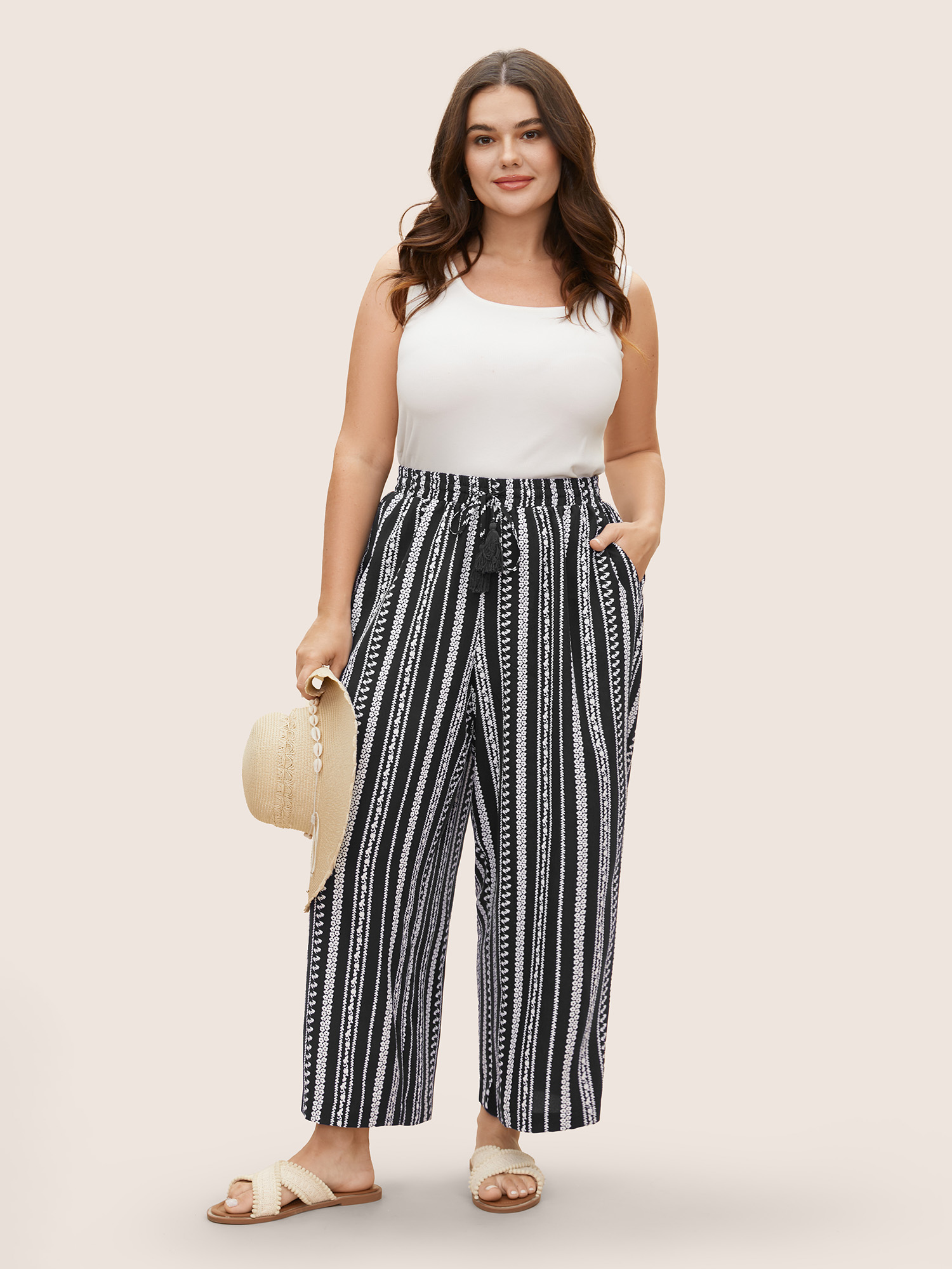 

Plus Size Bandana Striped Tassel Drawstring Wide Leg Pants Women Black Resort Wide Leg Mid Rise Vacation Pants BloomChic