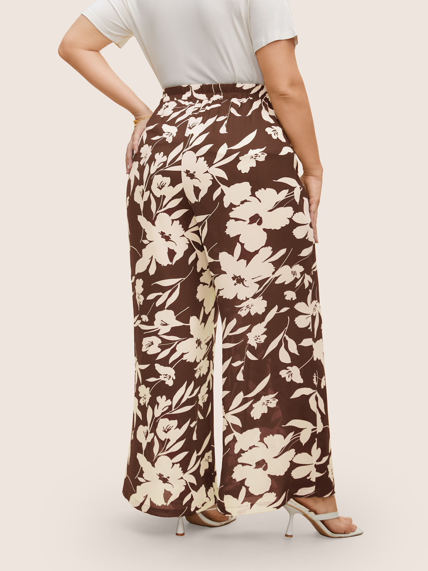 Plus Size Silhouette Floral Print Ties Side Seam Pocket Pants Women Browncoffeecolor Elegant Wide Leg High Rise Everyday Pants BloomChic 12/L 