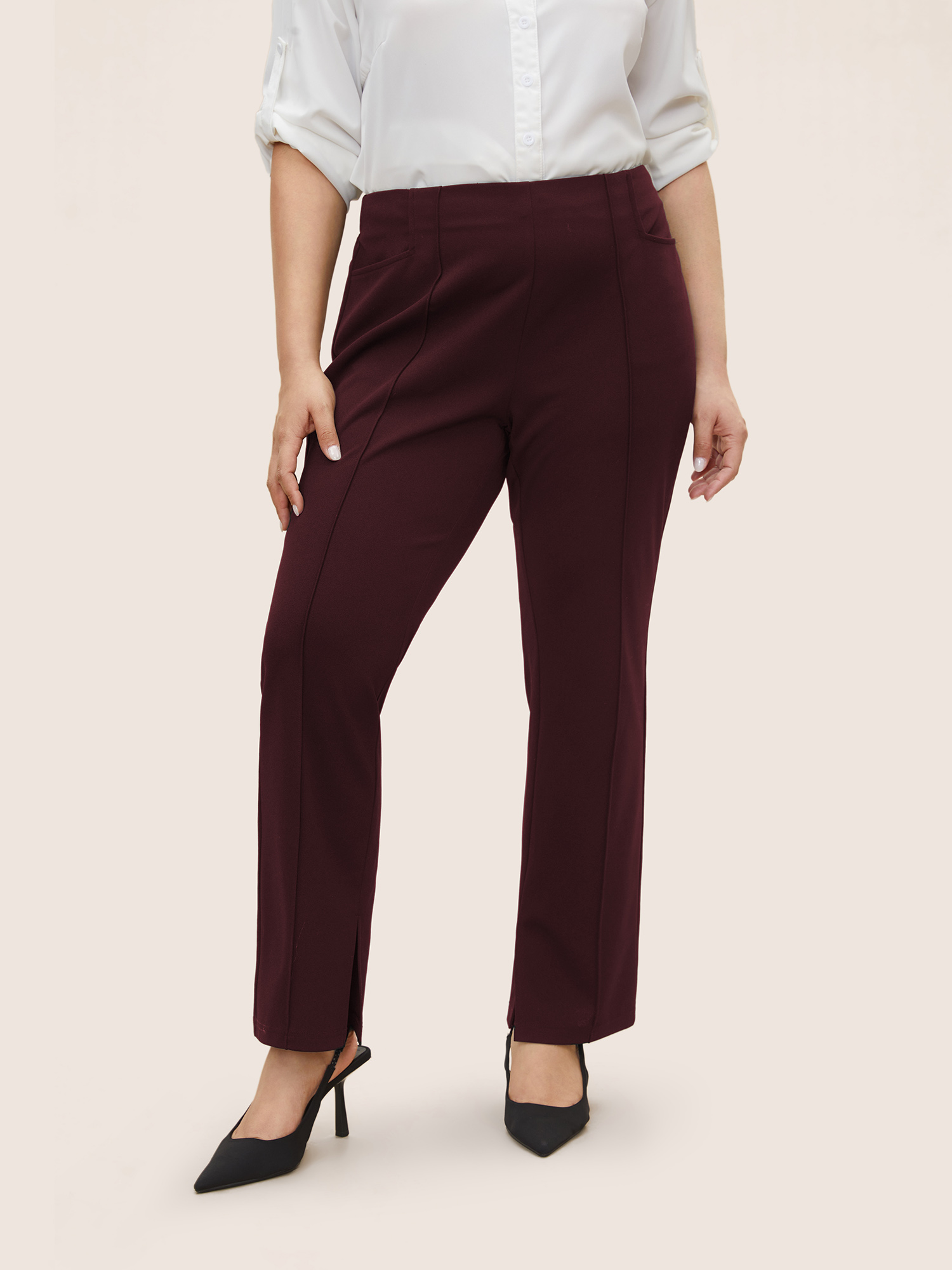 

Plus Size Plain Pleated Elastic Waist High Rise Pants Women Burgundy At the Office High Rise Work Pants BloomChic