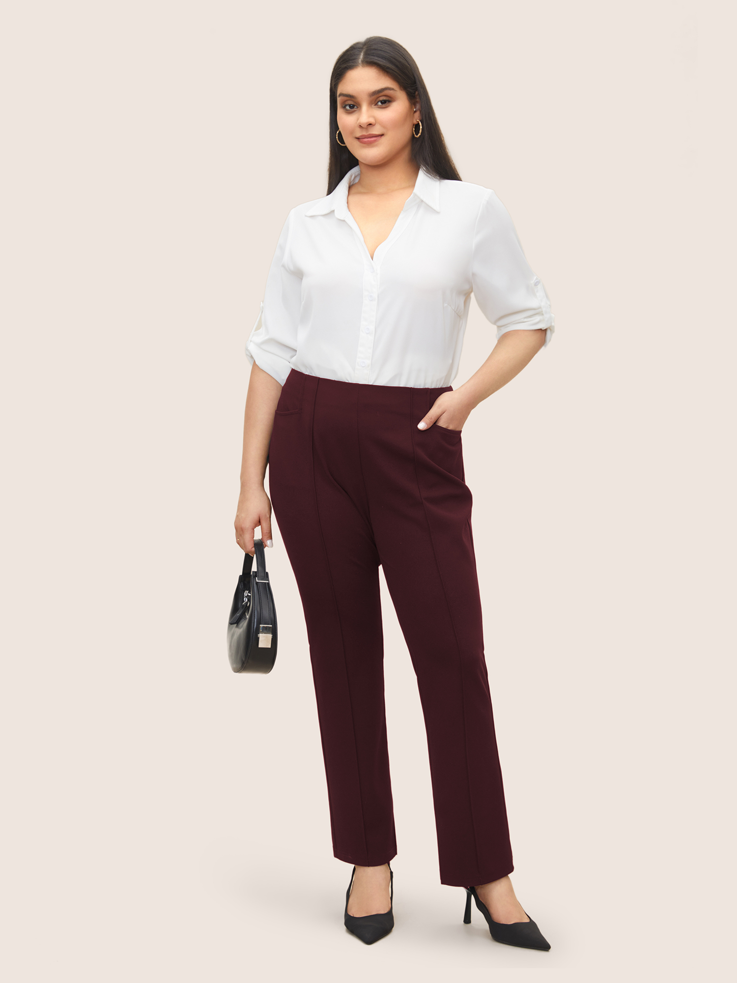 

Plus Size Plain Pleated Elastic Waist High Rise Pants Women Burgundy At the Office High Rise Work Pants BloomChic