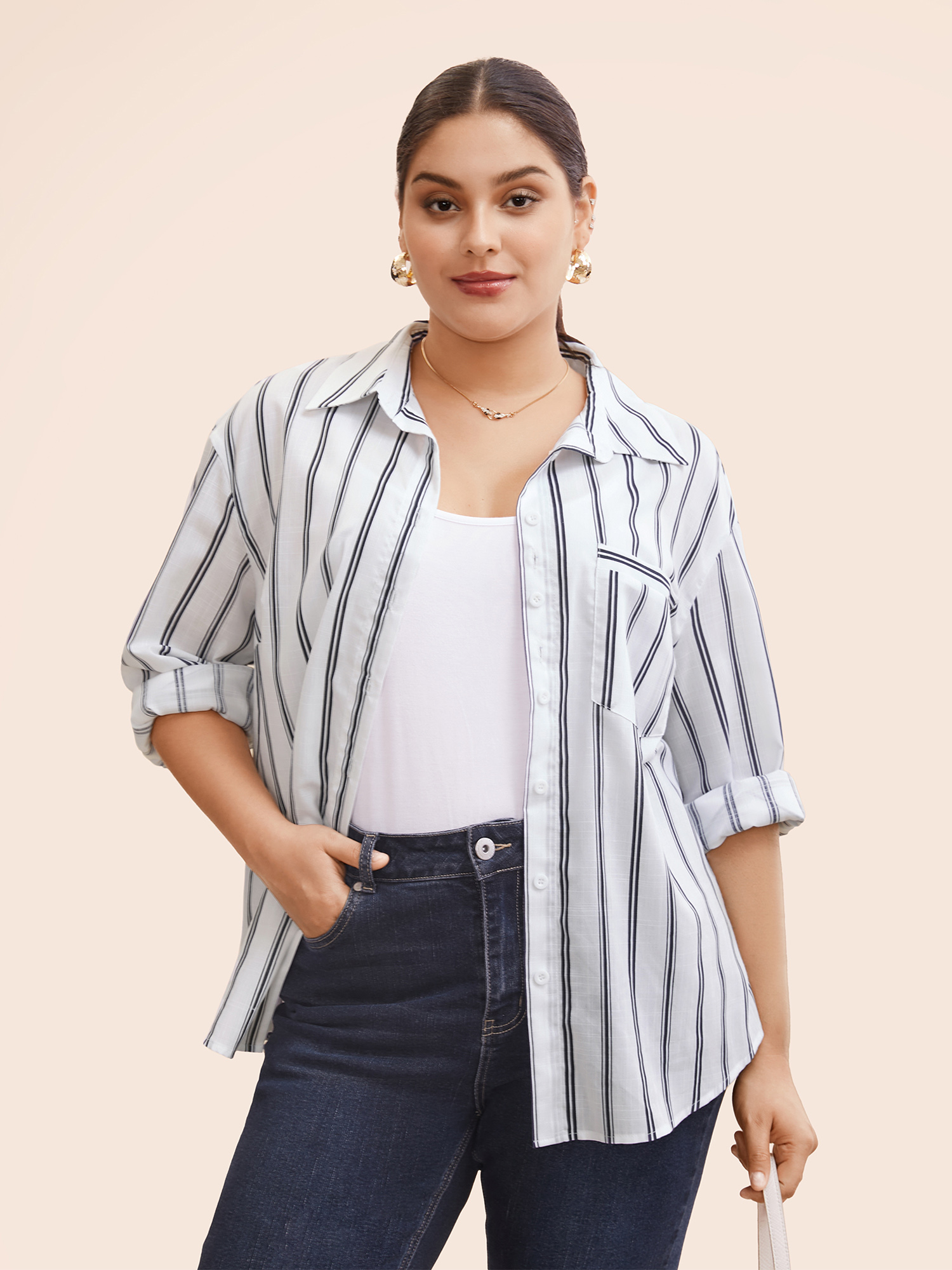 

Plus Size Shirt Collar Striped Patched Pocket Blouse Originalwhite Long Sleeve Shirt collar Workwear Essentials Shirts