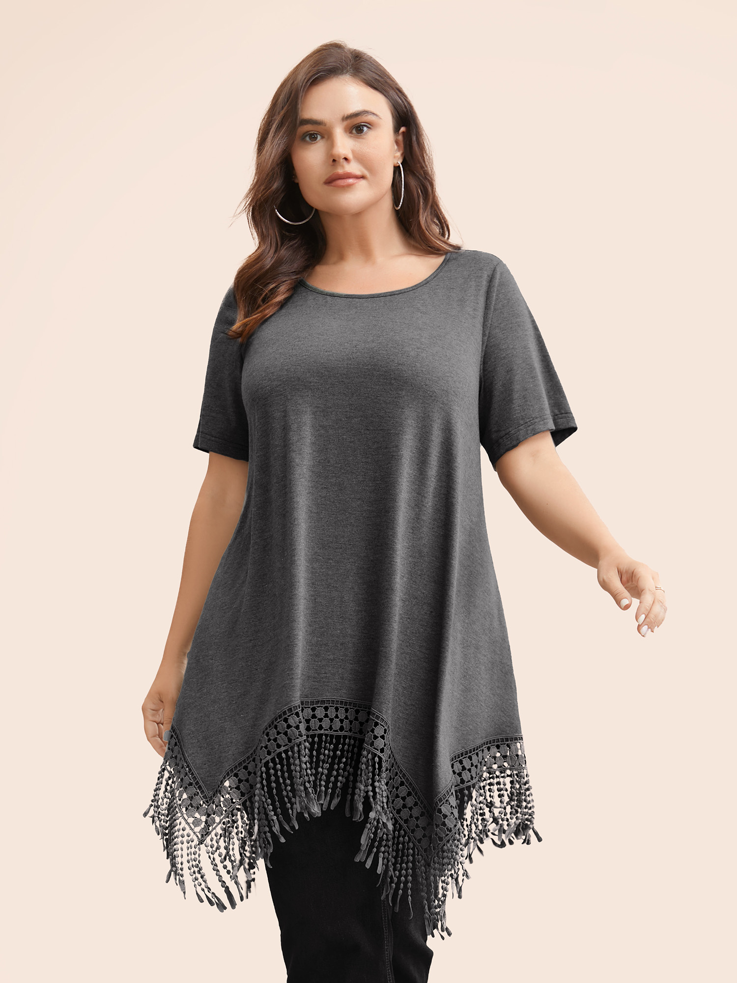 

Liberty Ruffle Tassels Plus Size Women T-shirts Elegance Plain Slightly Stretchy Sleeve Short Sleeve Round Neck Dailywear T-shirts BloomChic, Dimgray